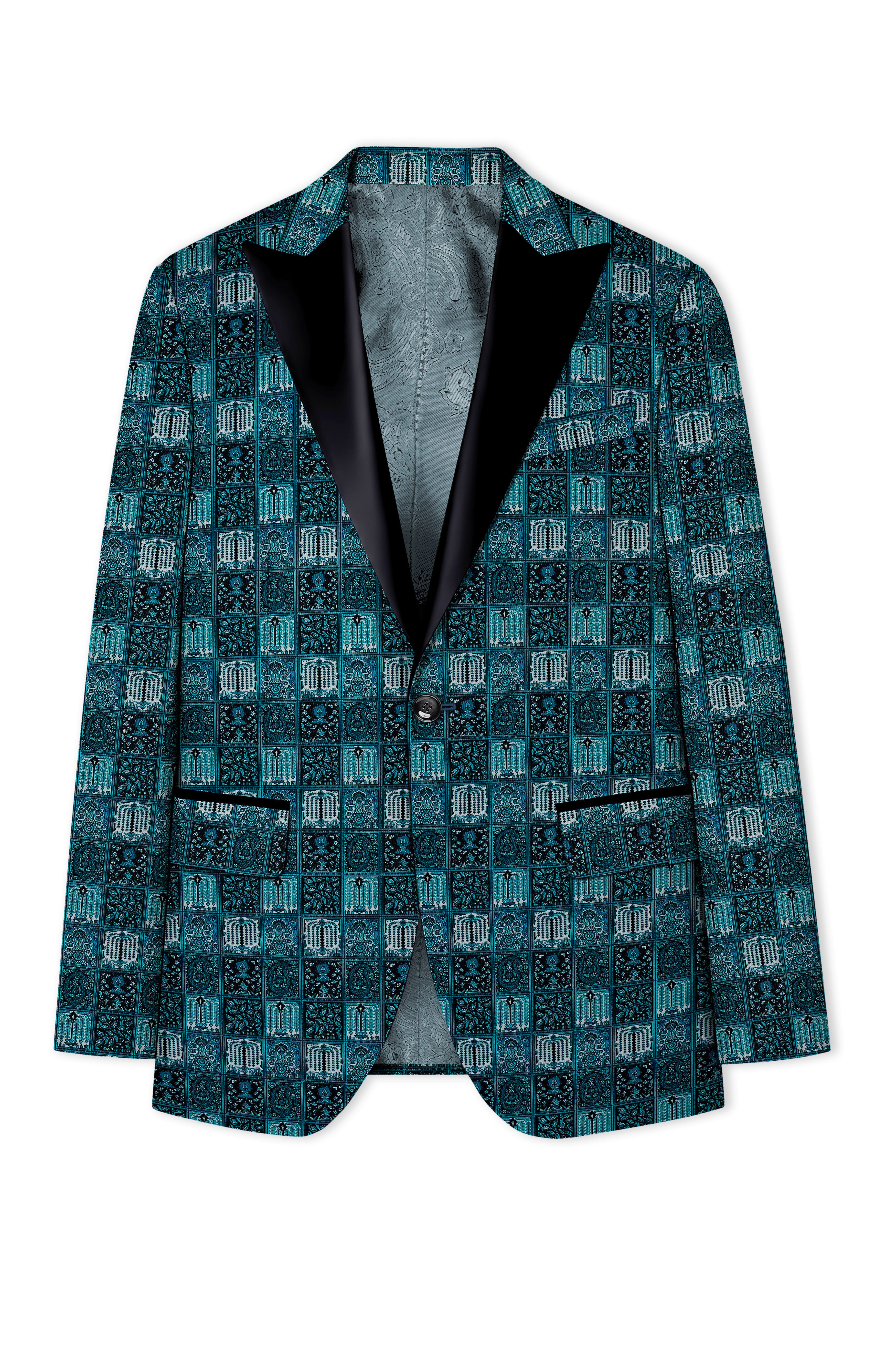 Zenith-Astronaut Blue Geometric Mosaic Printed Wool Rich Peak Lapel Tuxedo Blazer