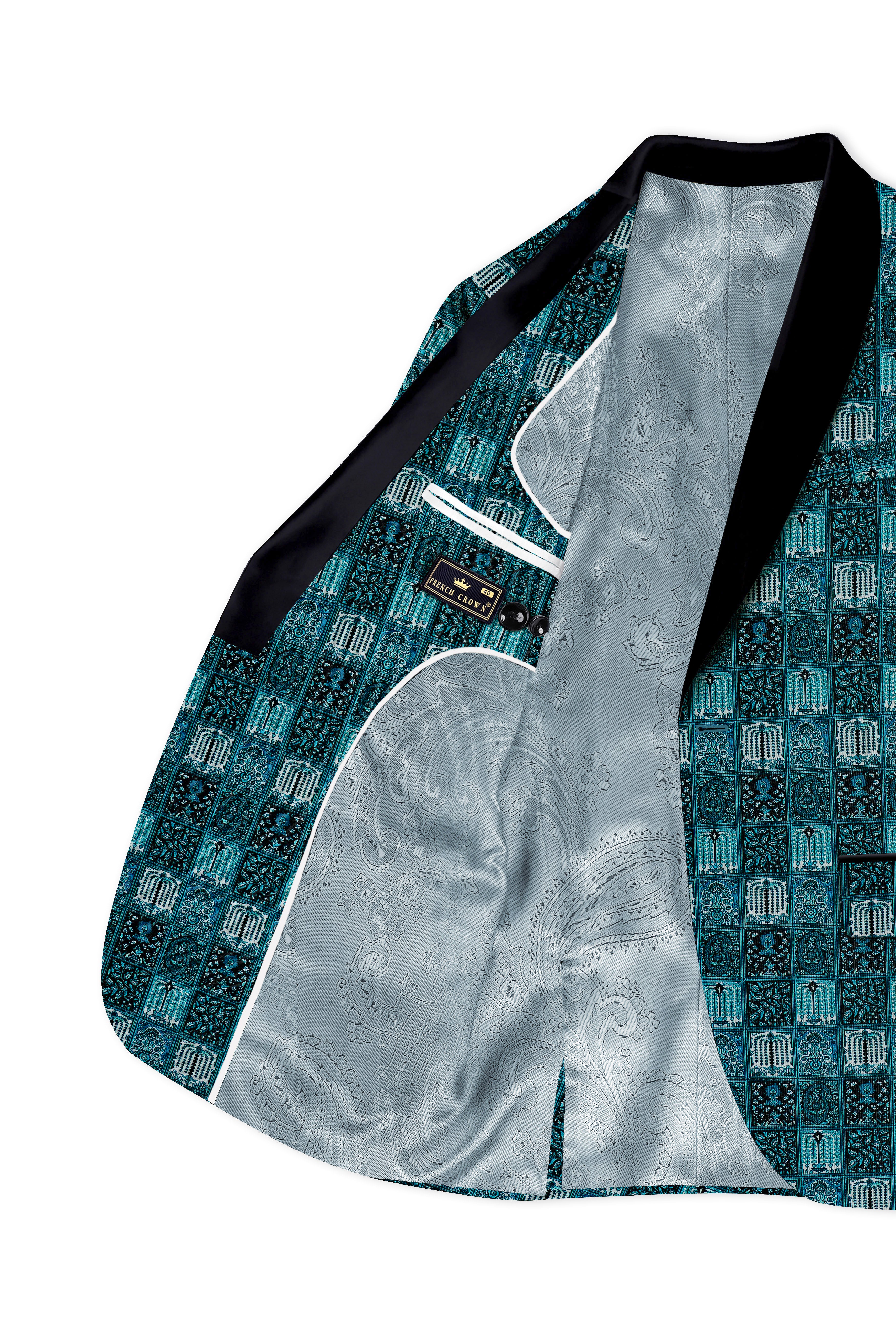 Zenith-Astronaut Blue Geometric Mosaic Printed Wool Rich Tuxedo Blazer