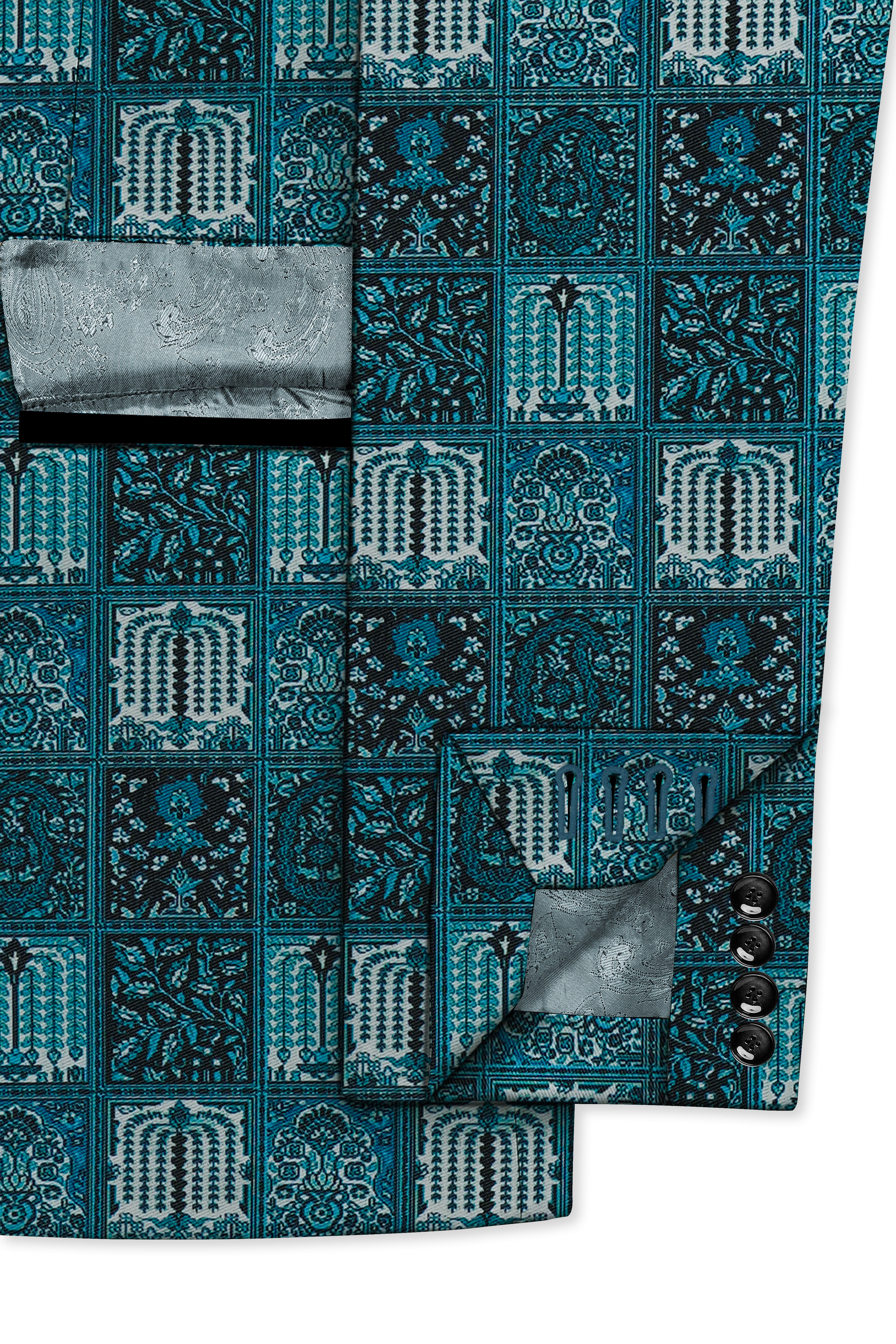 Zenith-Astronaut Blue Geometric Mosaic Printed Wool Rich Tuxedo Blazer