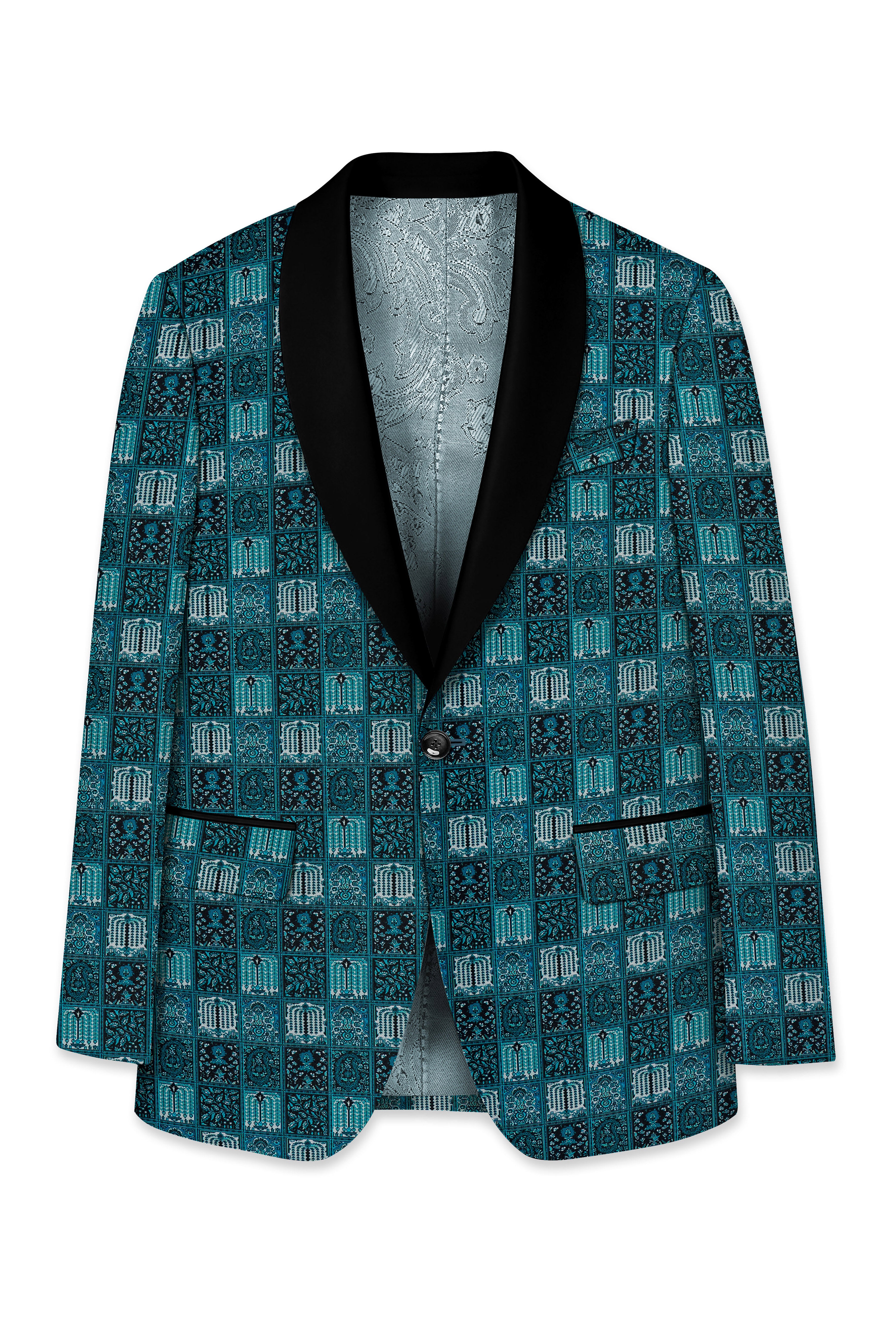 Zenith-Astronaut Blue Geometric Mosaic Printed Wool Rich Tuxedo Blazer