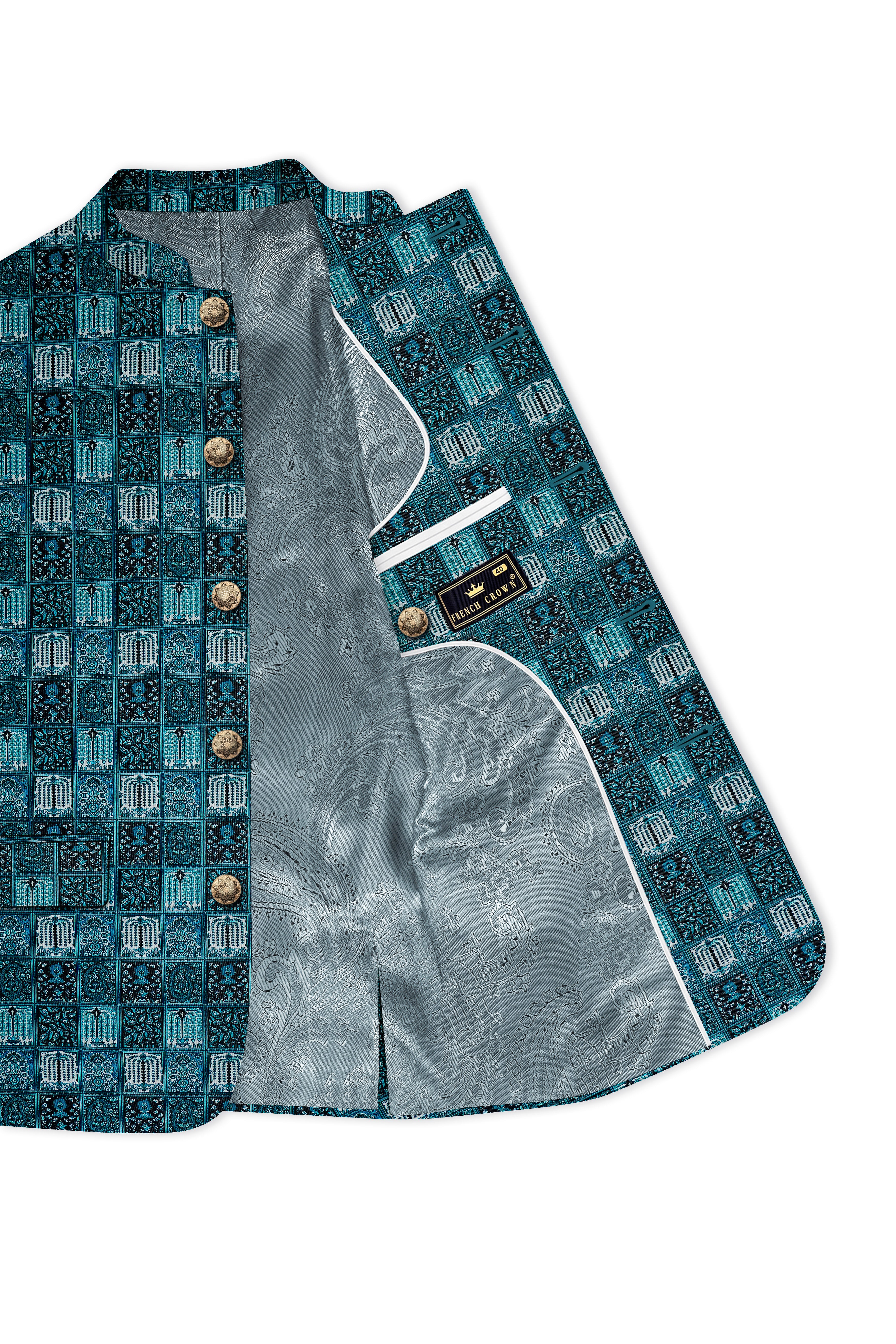 Zenith-Astronaut Blue Geometric Mosaic Printed Wool Rich Bandhgala Blazer
