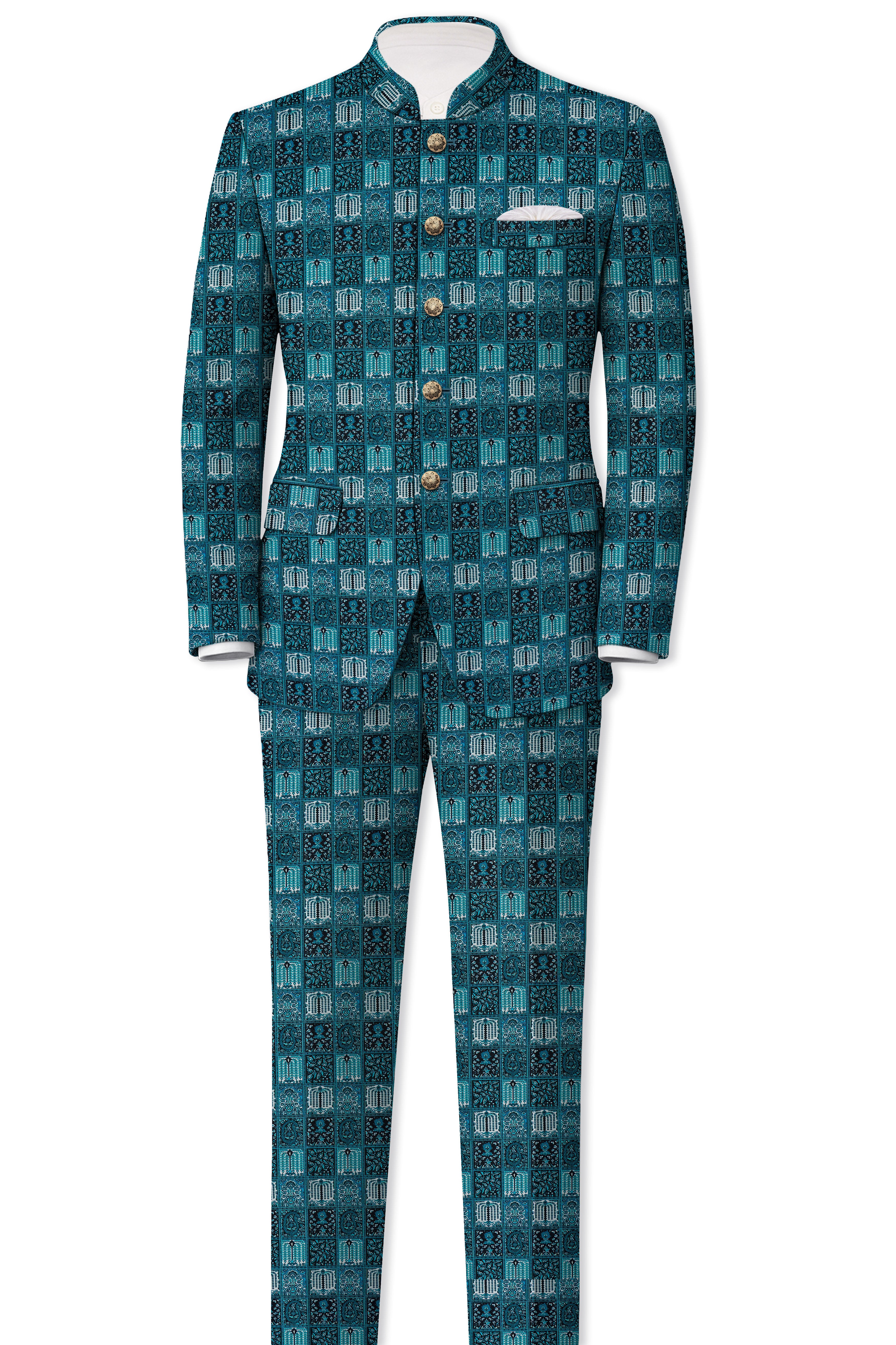 Zenith-Astronaut Blue Geometric Mosaic Printed Wool Rich Bandhgala Blazer