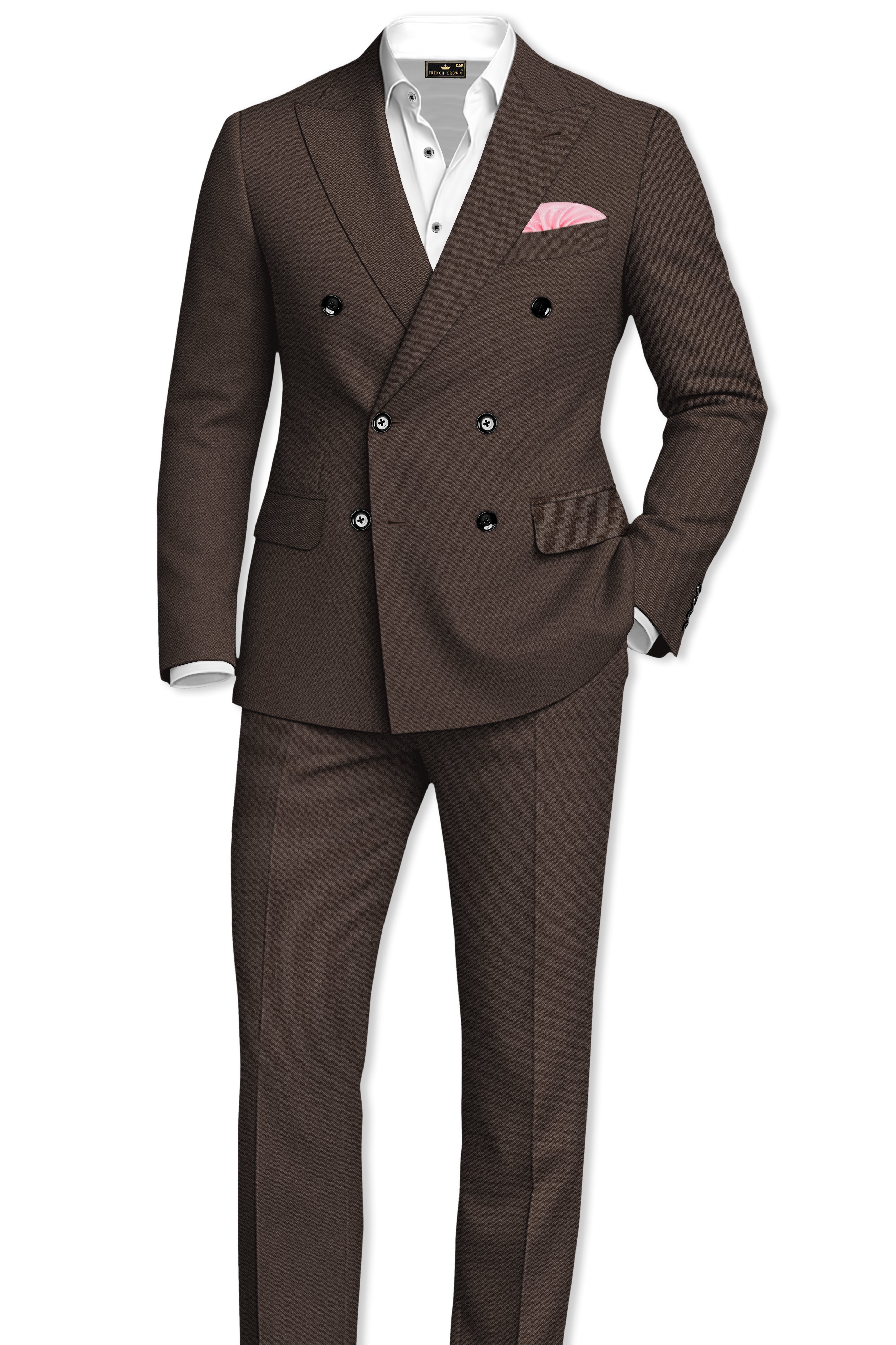 Serein-Korean Taupe Brown 4-Way Stretch Wrinkle-Free Wool Rich Double Breasted Blazer