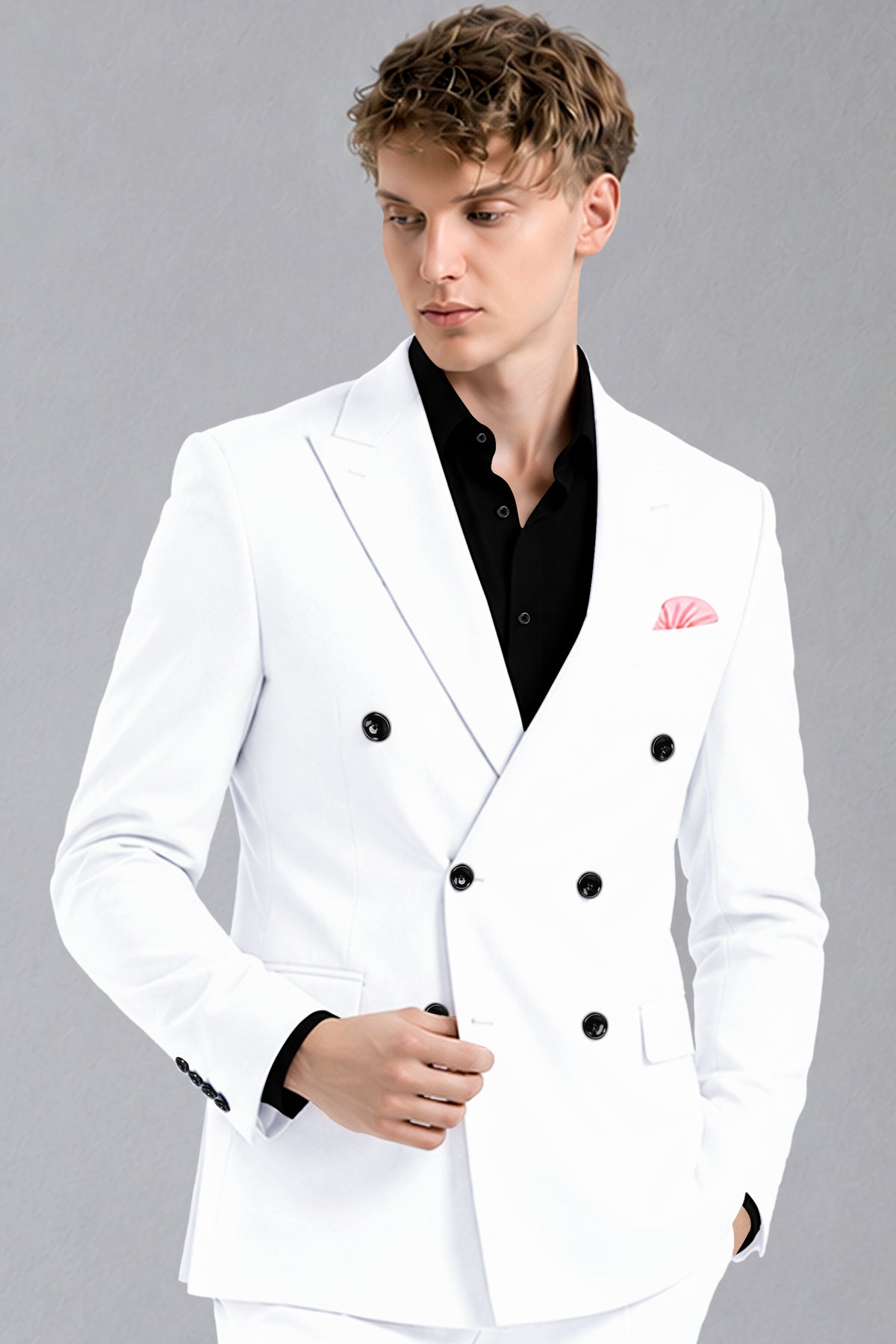Ivory-Bright White Wool Rich Slight Stretch Double Breasted Blazer