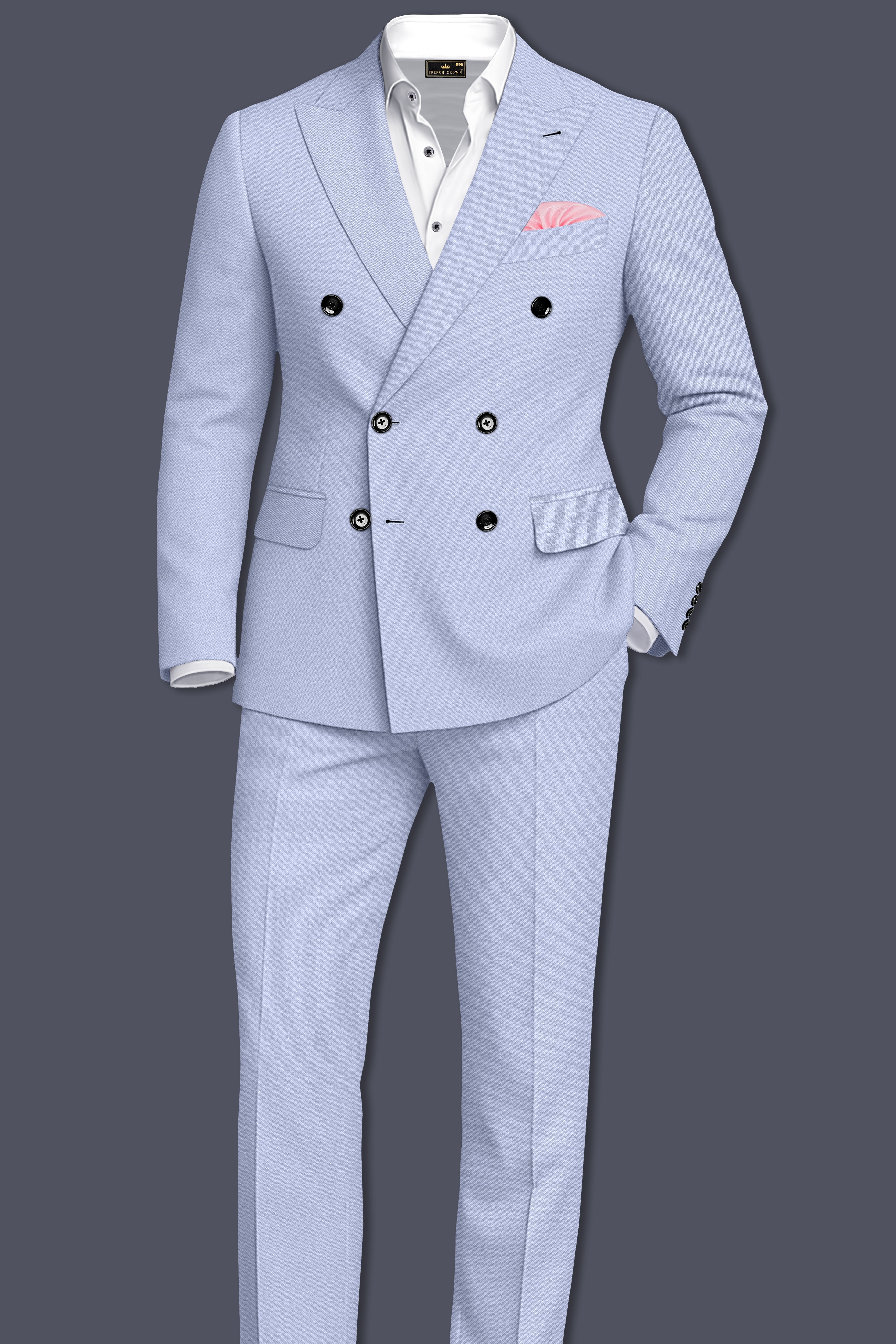 Azure-Periwinkle Blue Wool Rich Slight Stretch Double Breasted Blazer