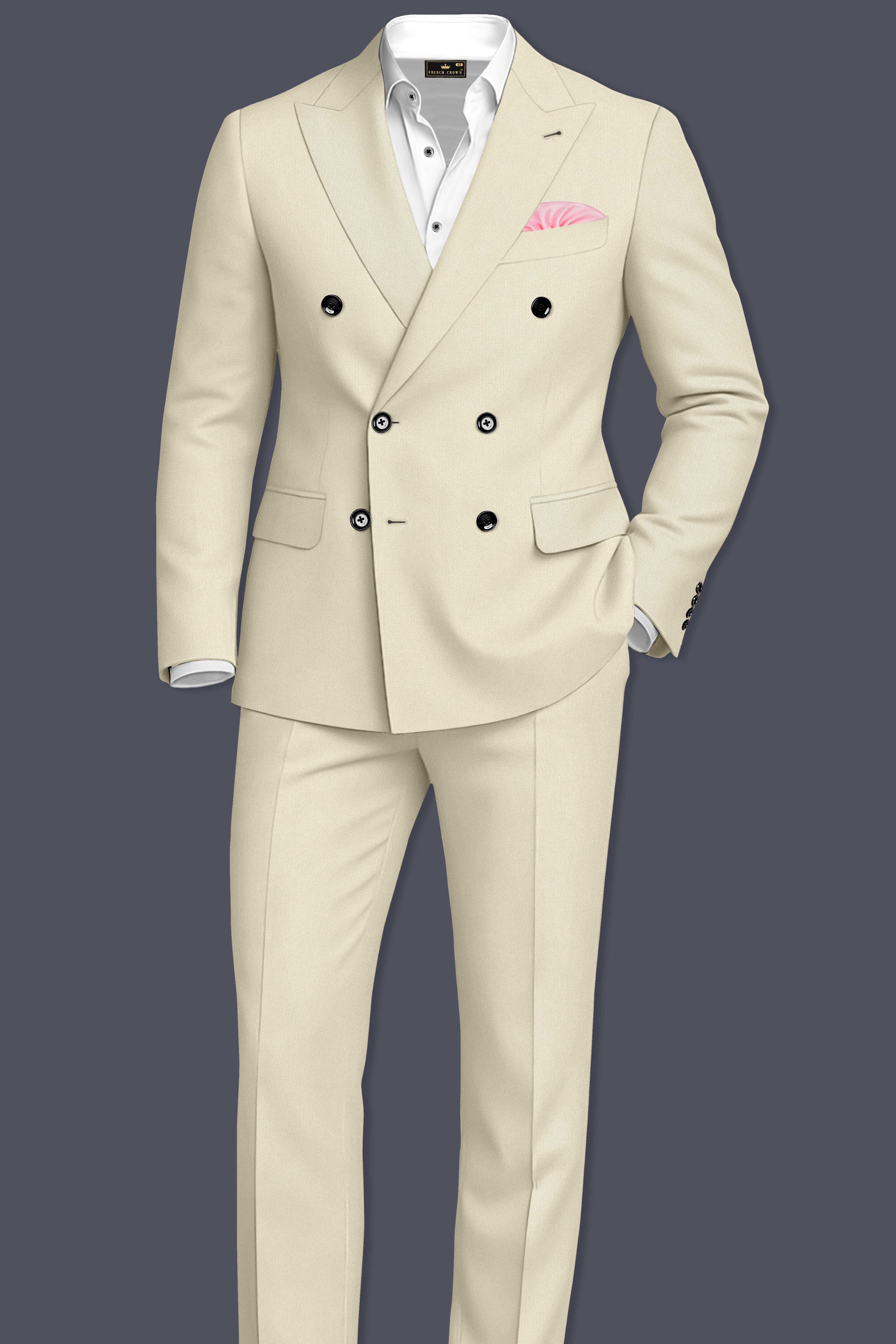 Ivora-Almond Cream Wool Rich Slight Stretch Double Breasted Blazer