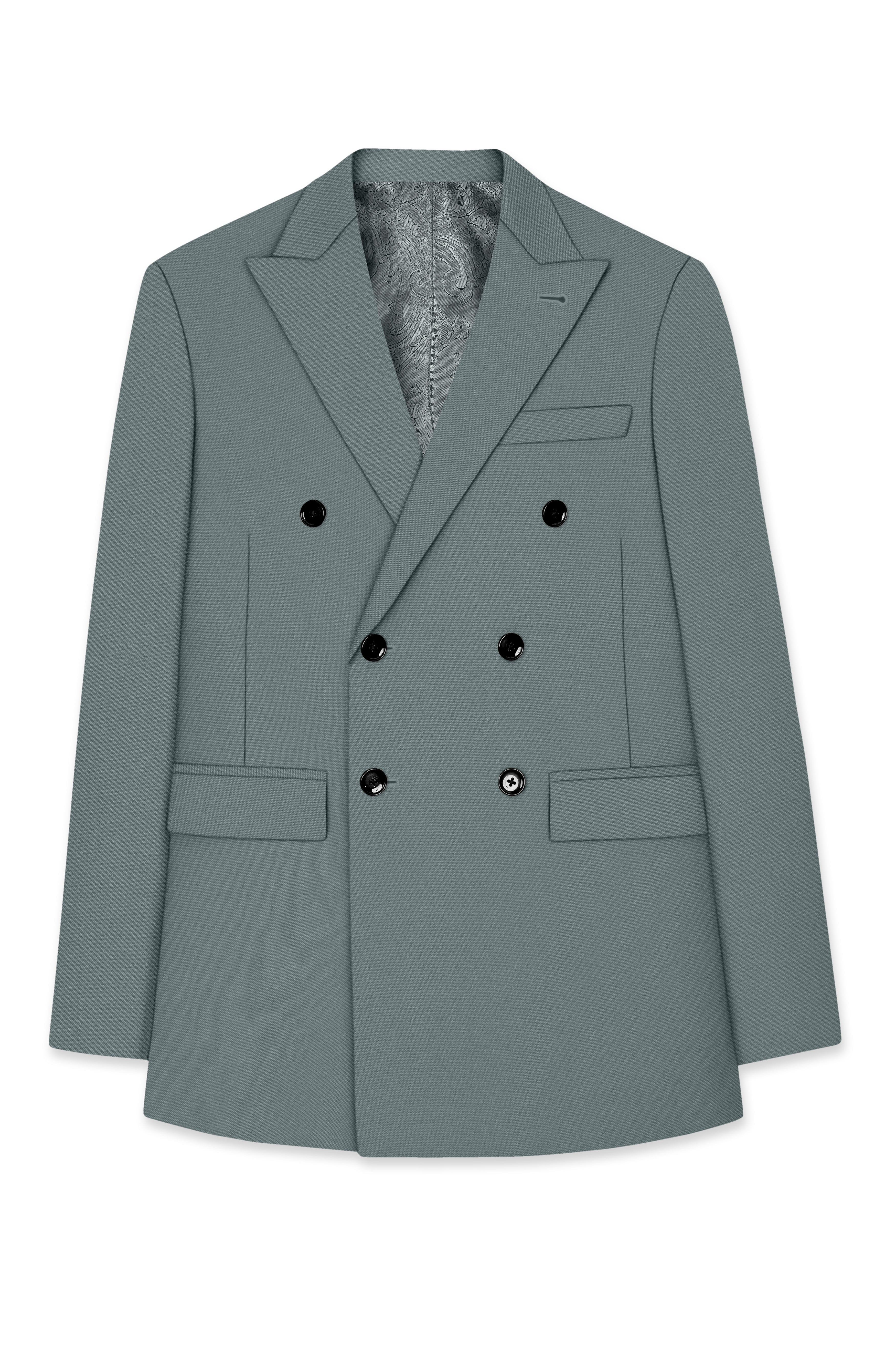 Verdant-Raven Green Wool Rich Slight Stretch Double Breasted Blazer