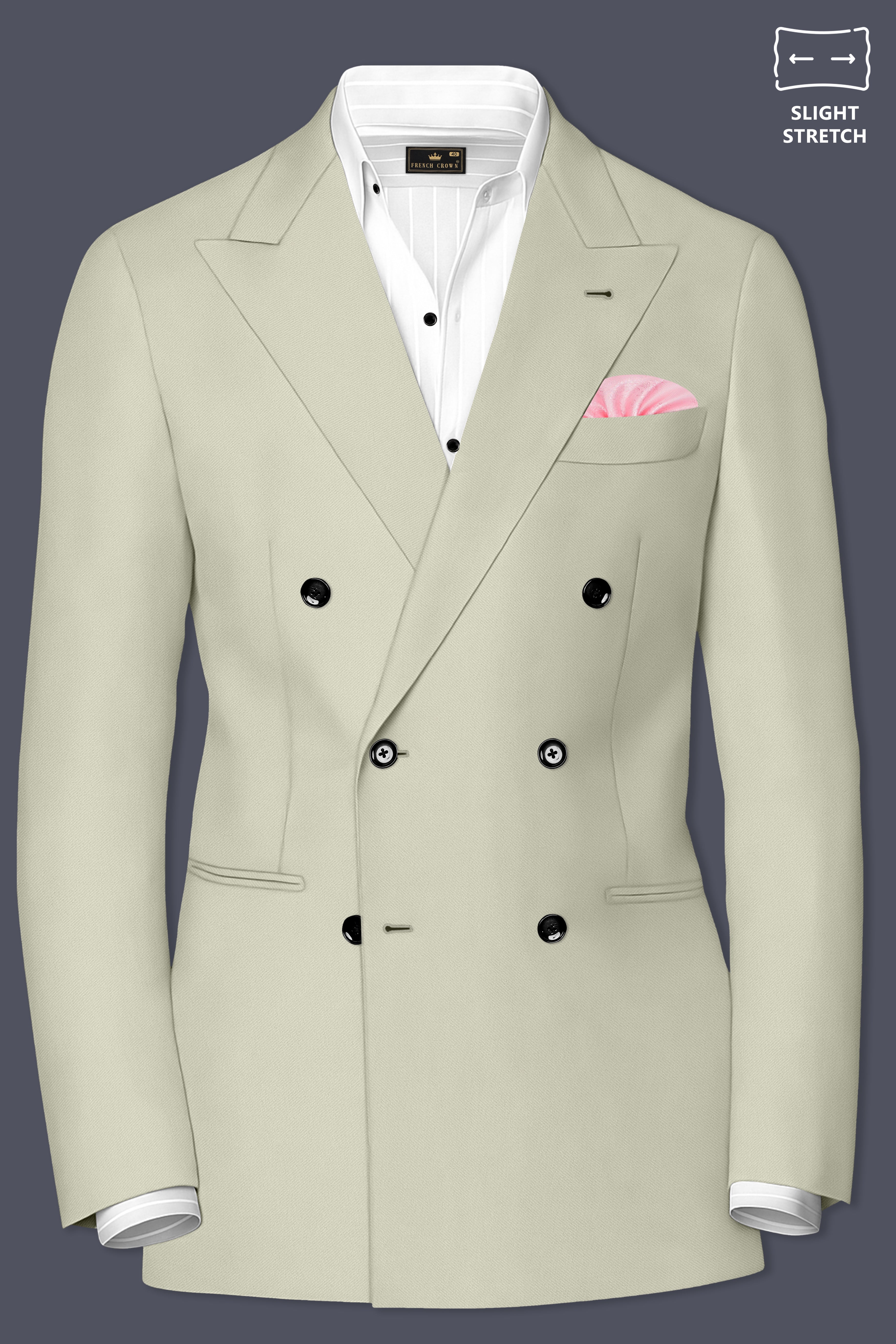 Verde-Tana Green Wool Rich Slight Stretch Double Breasted Blazer