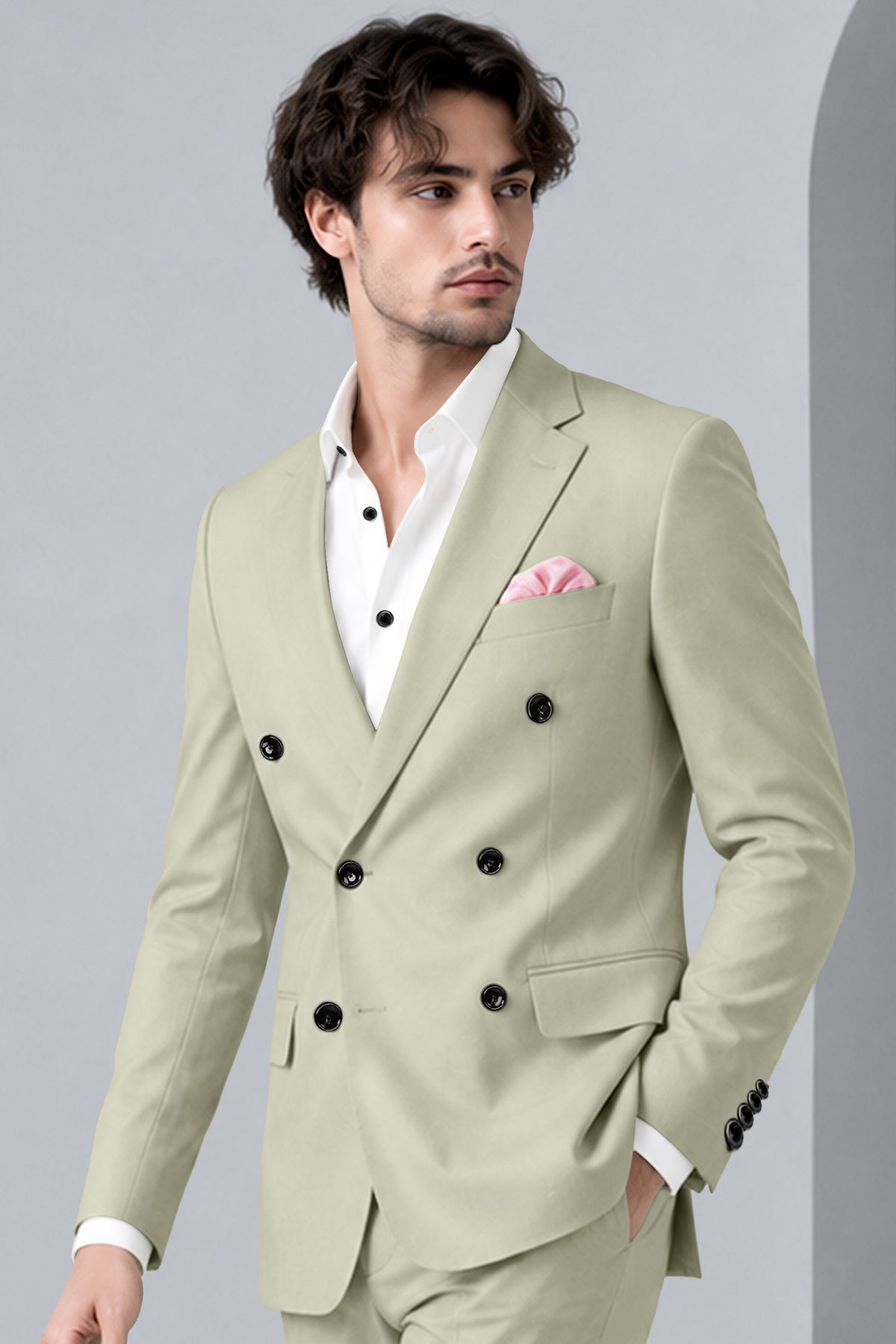 Verde-Tana Green Wool Rich Slight Stretch Double Breasted Blazer