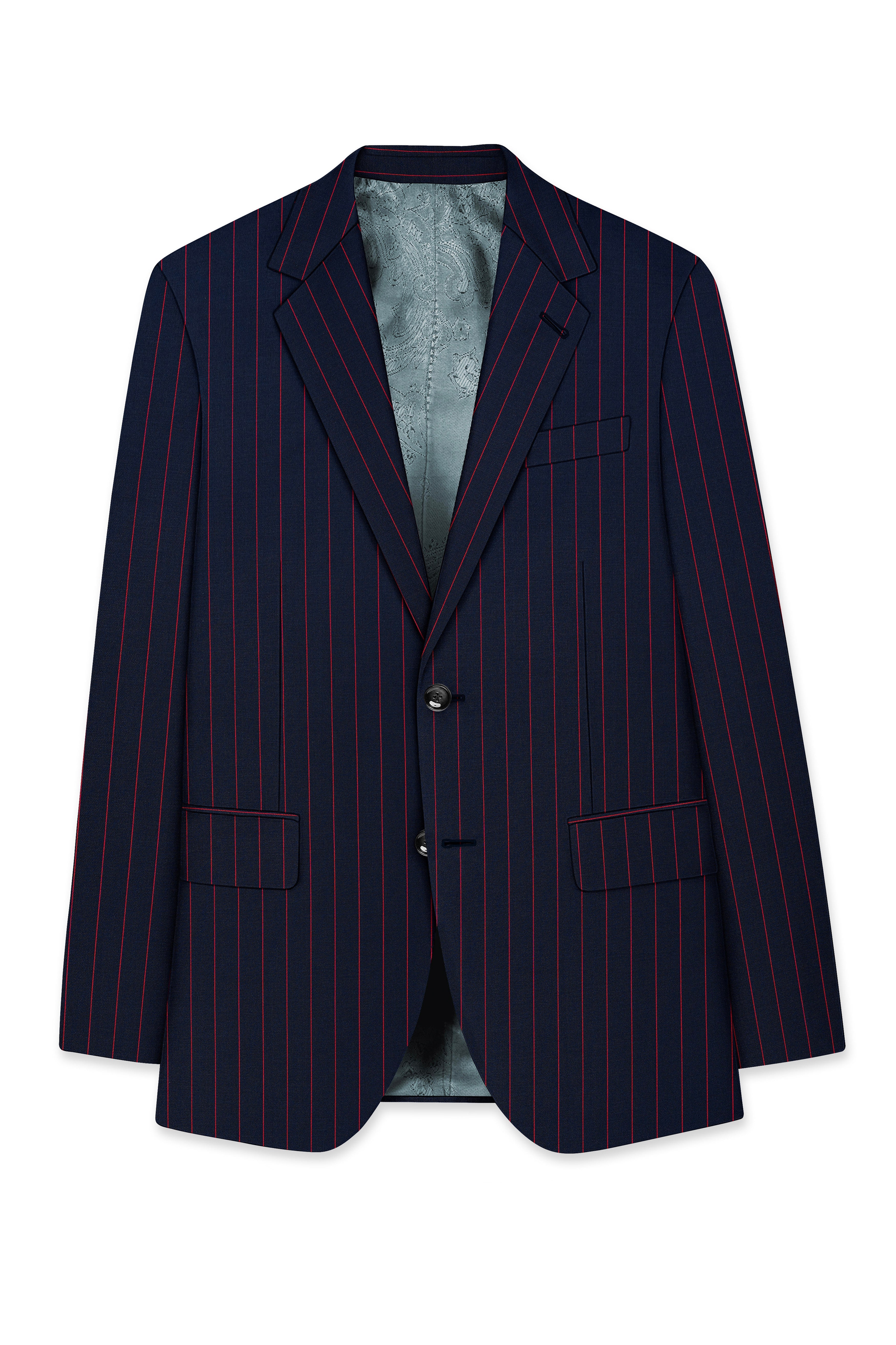 Striata-Haiti Blue And Brick Pink Chalk Striped Wool Rich Slight Stretch Single Breasted Blazer