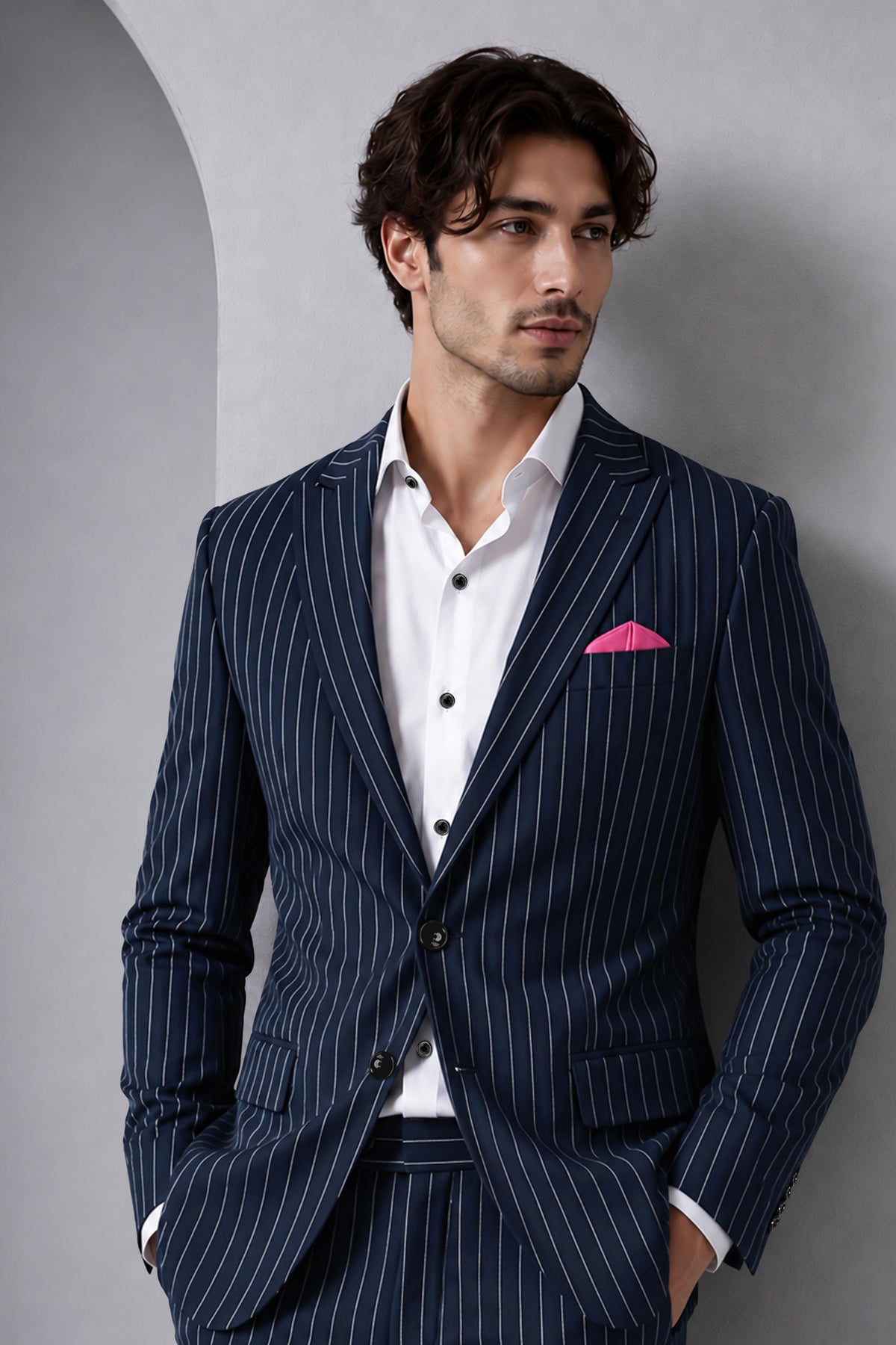 Azureon-Firefly Blue And Bright White Chalk Striped Wool Rich Slight Stretch Single Breasted Blazer