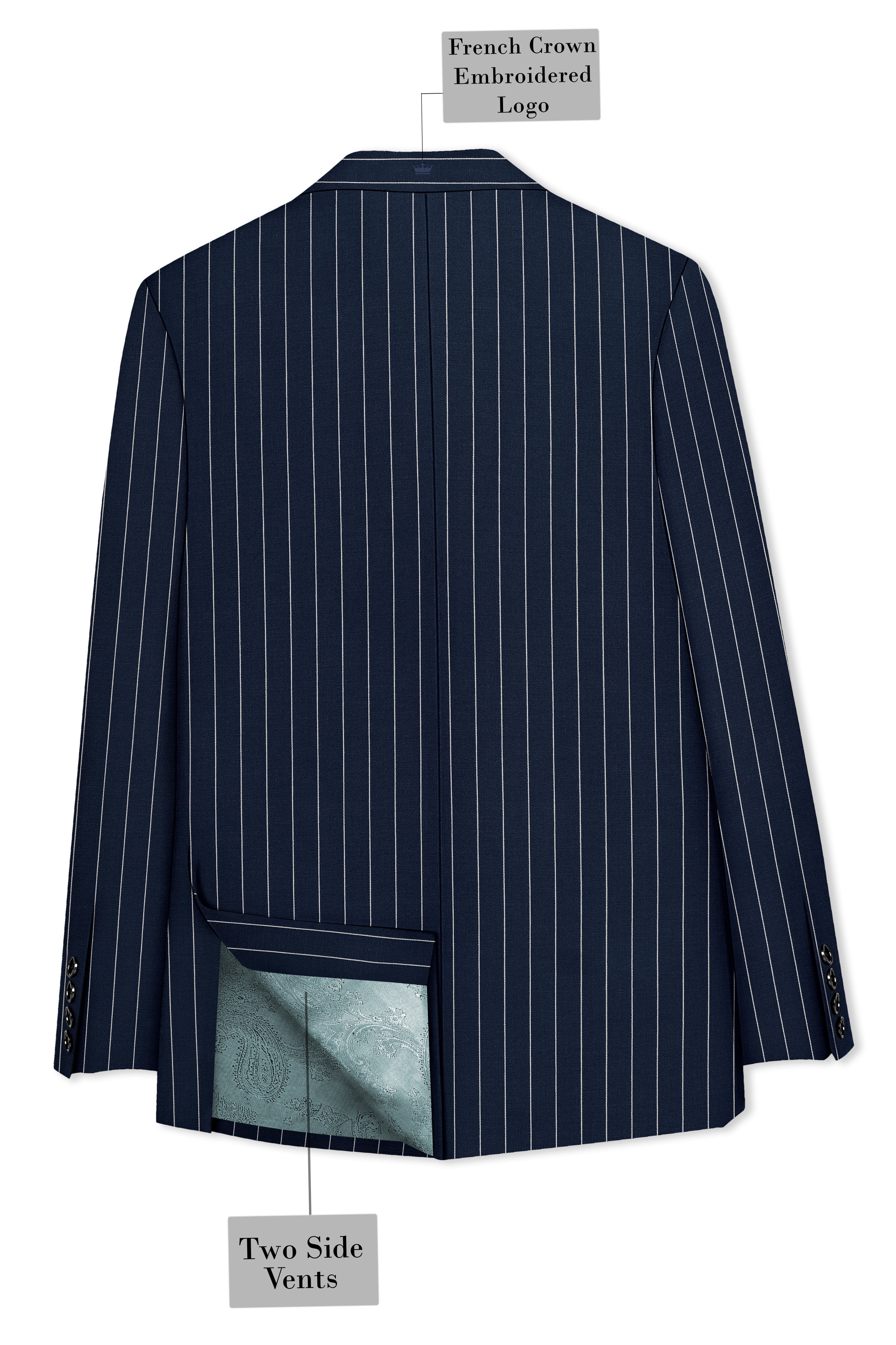 Azureon-Firefly Blue And Bright White Chalk Striped Wool Rich Slight Stretch Single Breasted Blazer