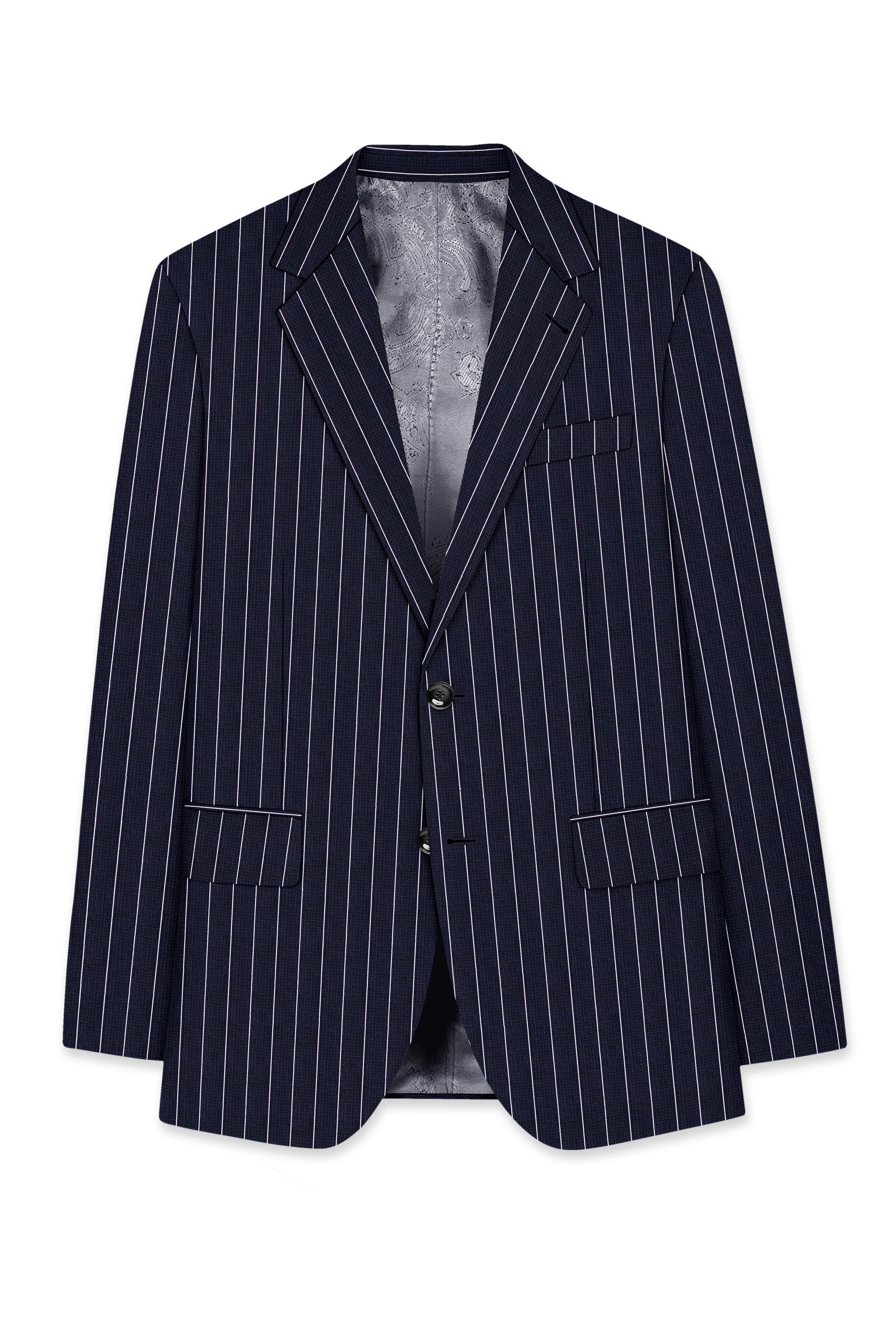 Regent-Ebony Blue And Bright White Chalk Striped Wool Rich Slight Stretch Single Breasted Blazer