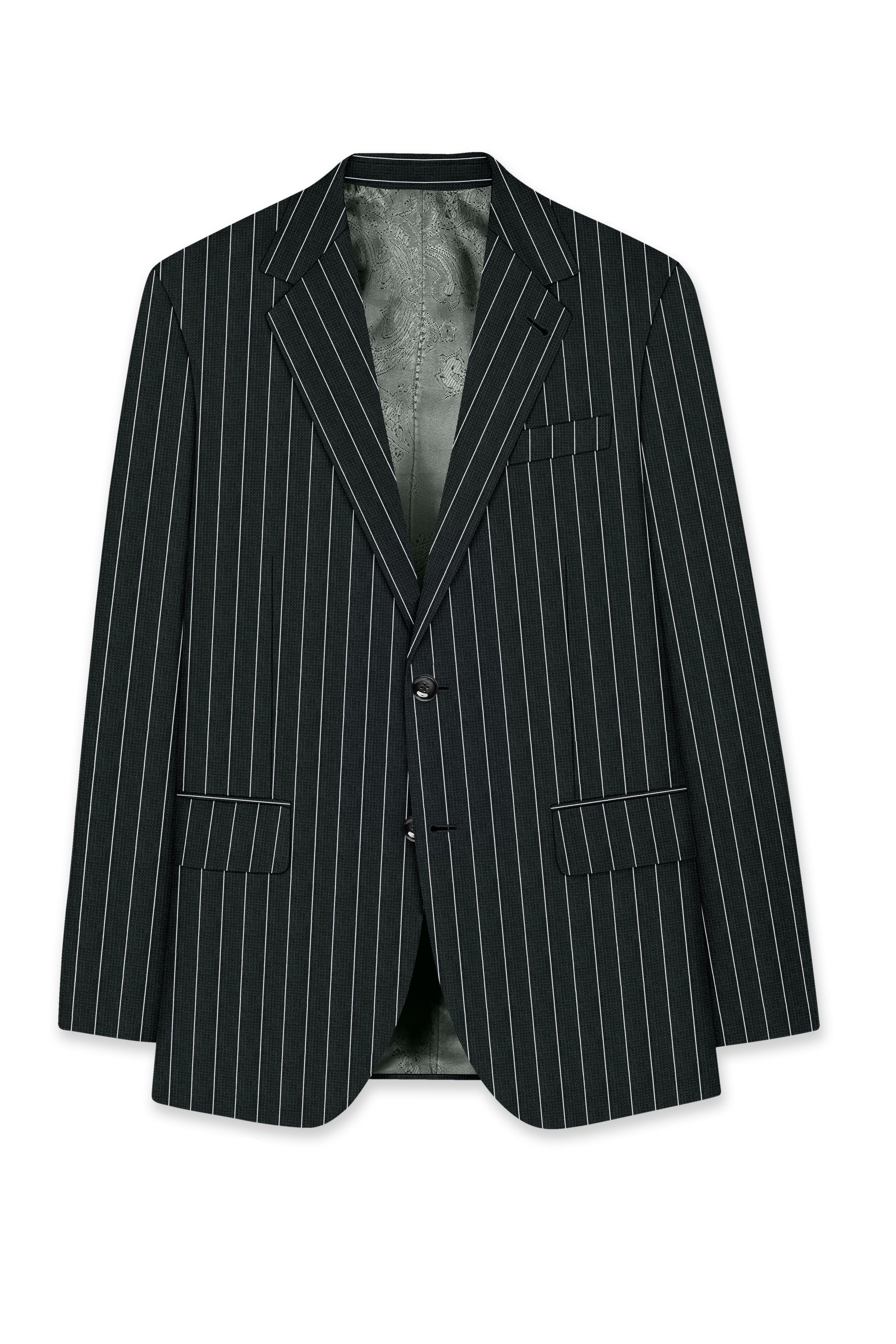 Viceroy-Hunter Green And Bright White Chalk Striped Wool Rich Slight Stretch Single Breasted Blazer