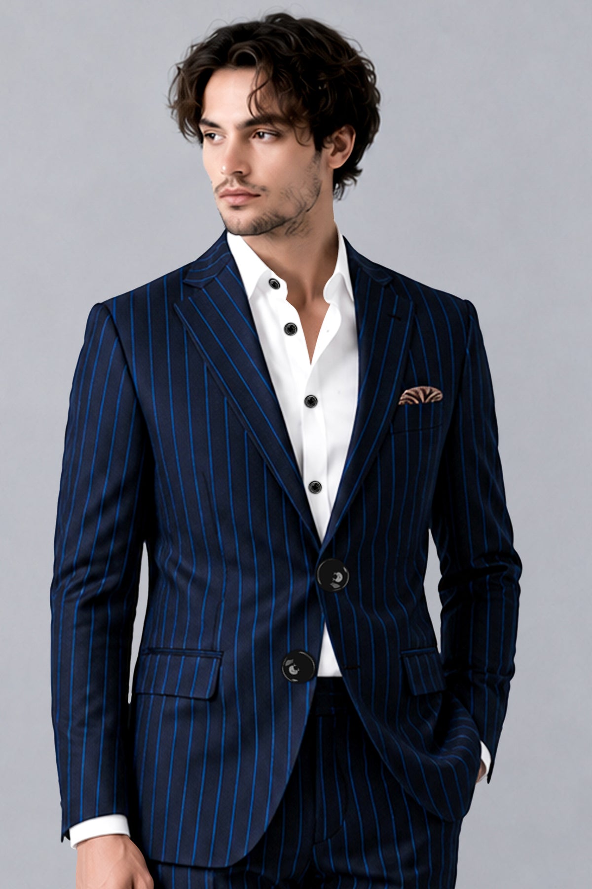 Strivon-Tealish Blue Chalk Striped Wool Rich Slight Stretch Single Breasted Blazer
