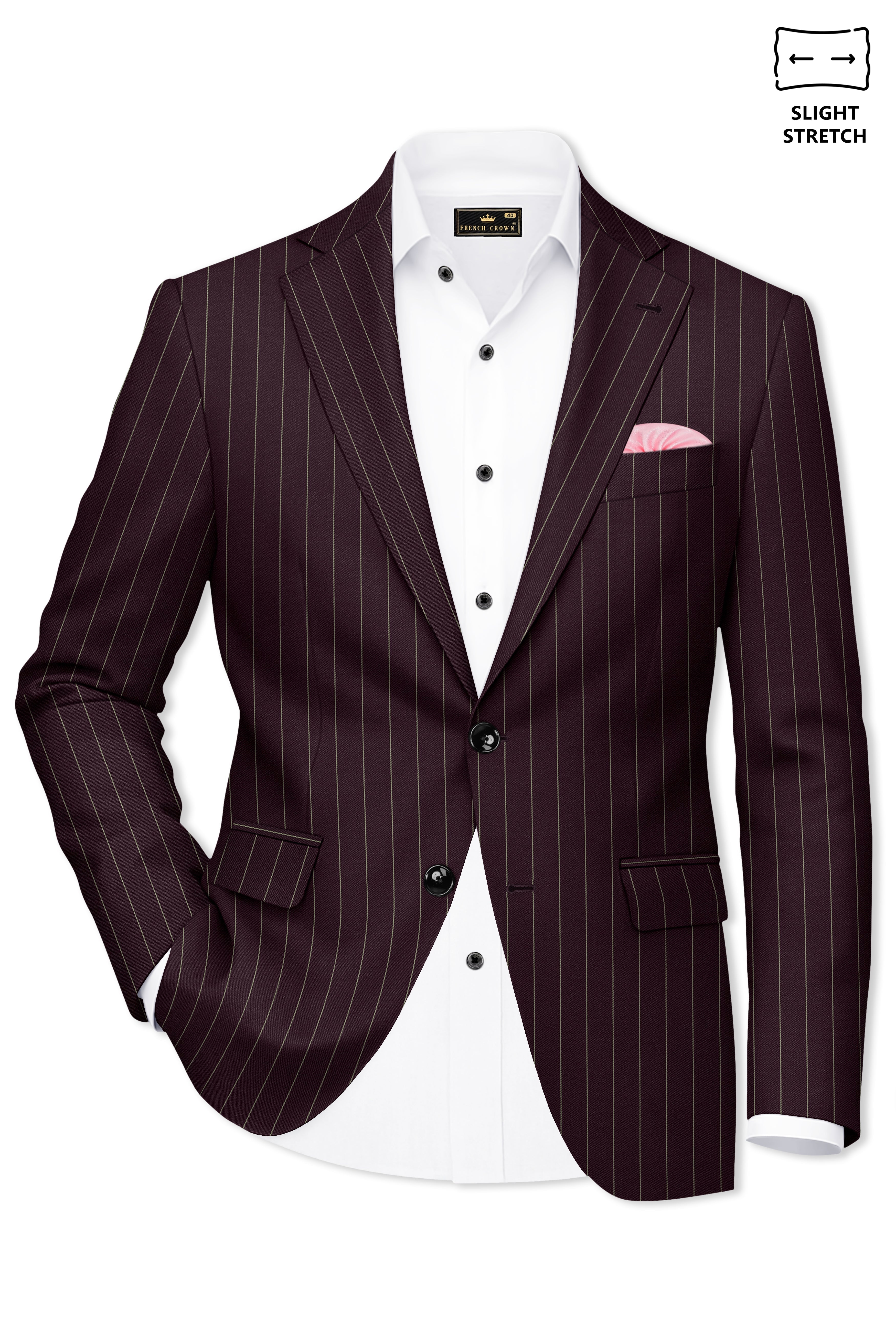 Valiant-Seal Maroon And Bright White Chalk Striped Wool Rich Slight Stretch Single Breasted Blazer