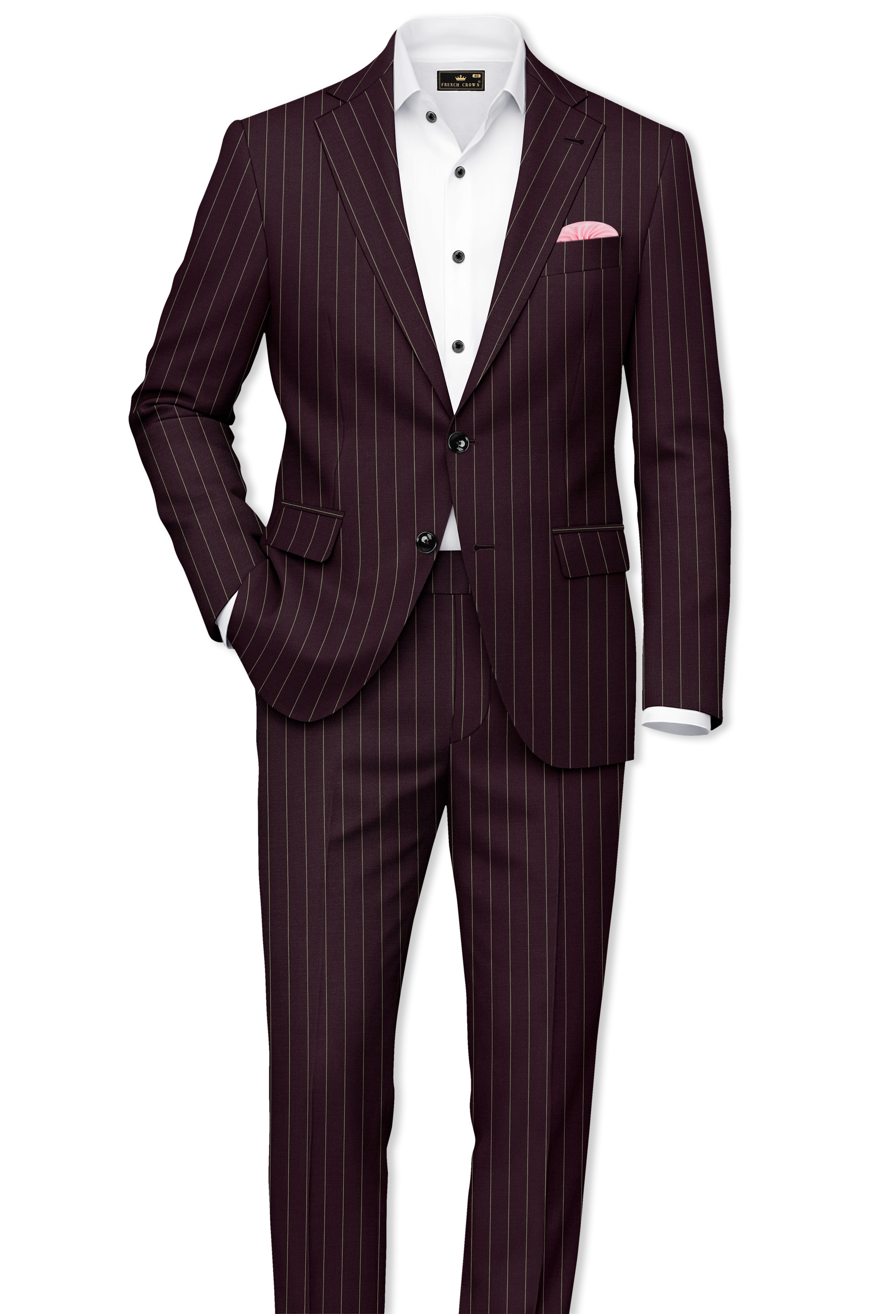 Valiant-Seal Maroon And Bright White Chalk Striped Wool Rich Slight Stretch Single Breasted Blazer