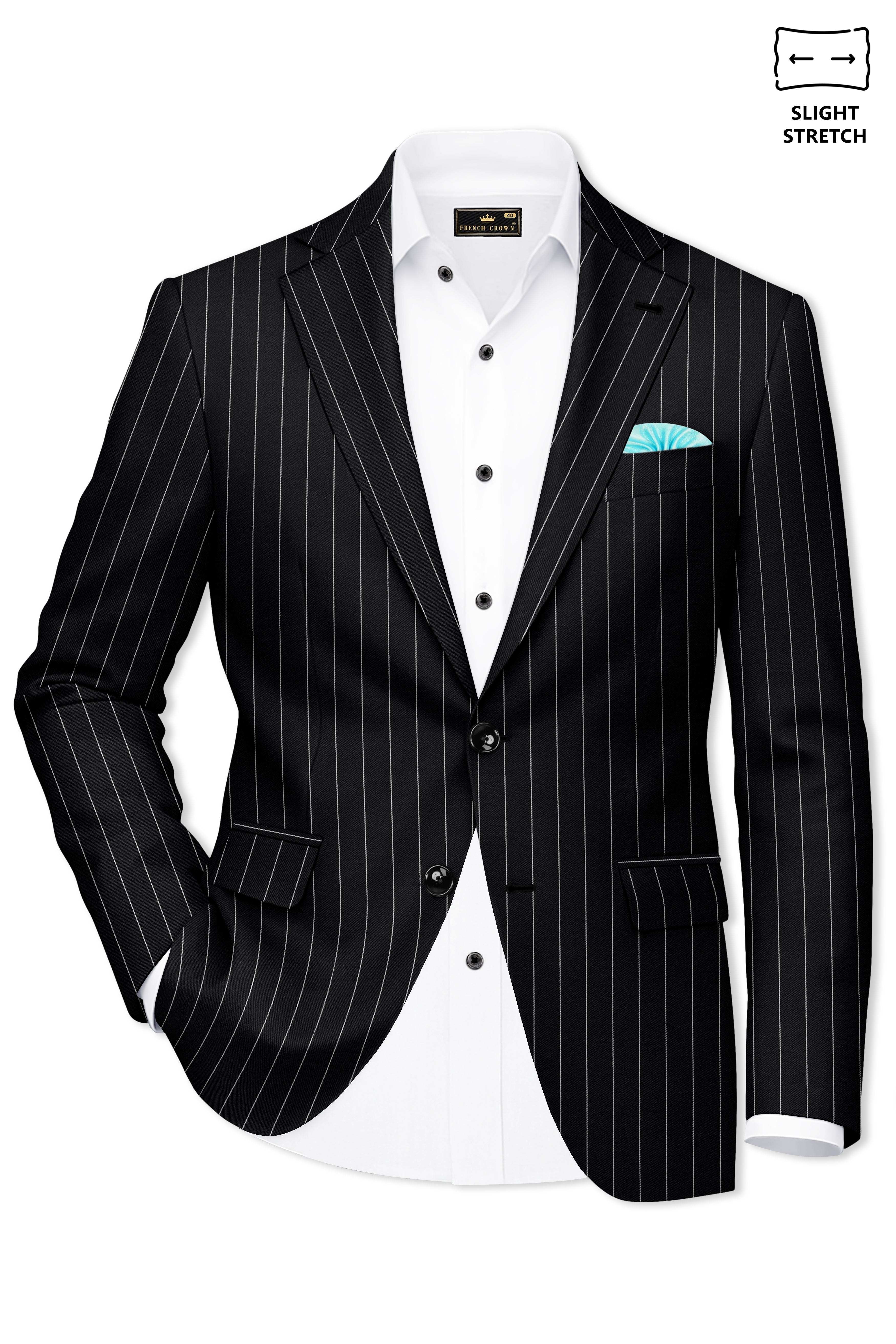 Veritas-Jade Black And Bright White Pin Striped Wool Rich Slight Stretch Single Breasted Blazer