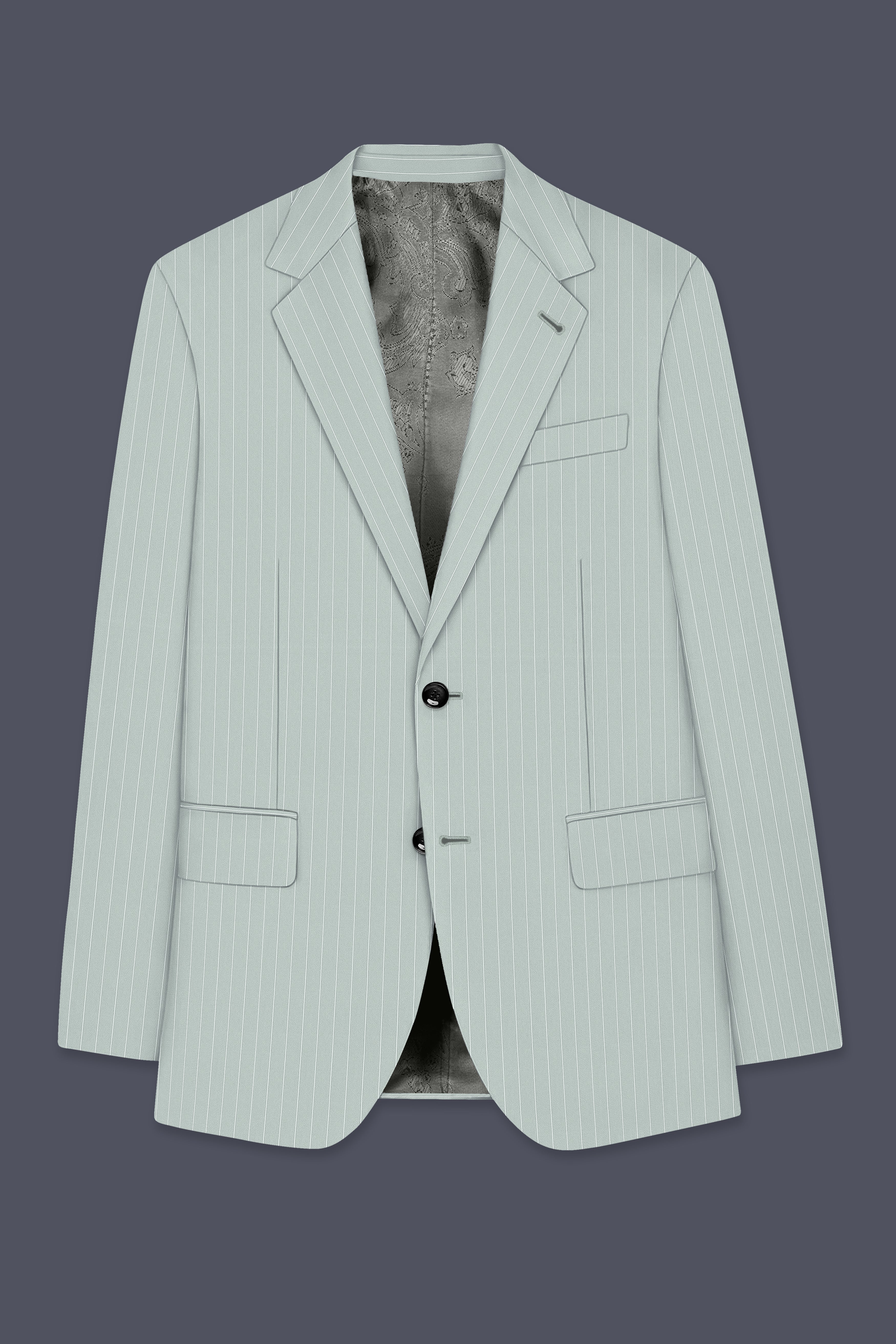 Halcyon-Pale Slate Green Herringbone Striped Wool Rich Slight Stretch Single Breasted Blazer