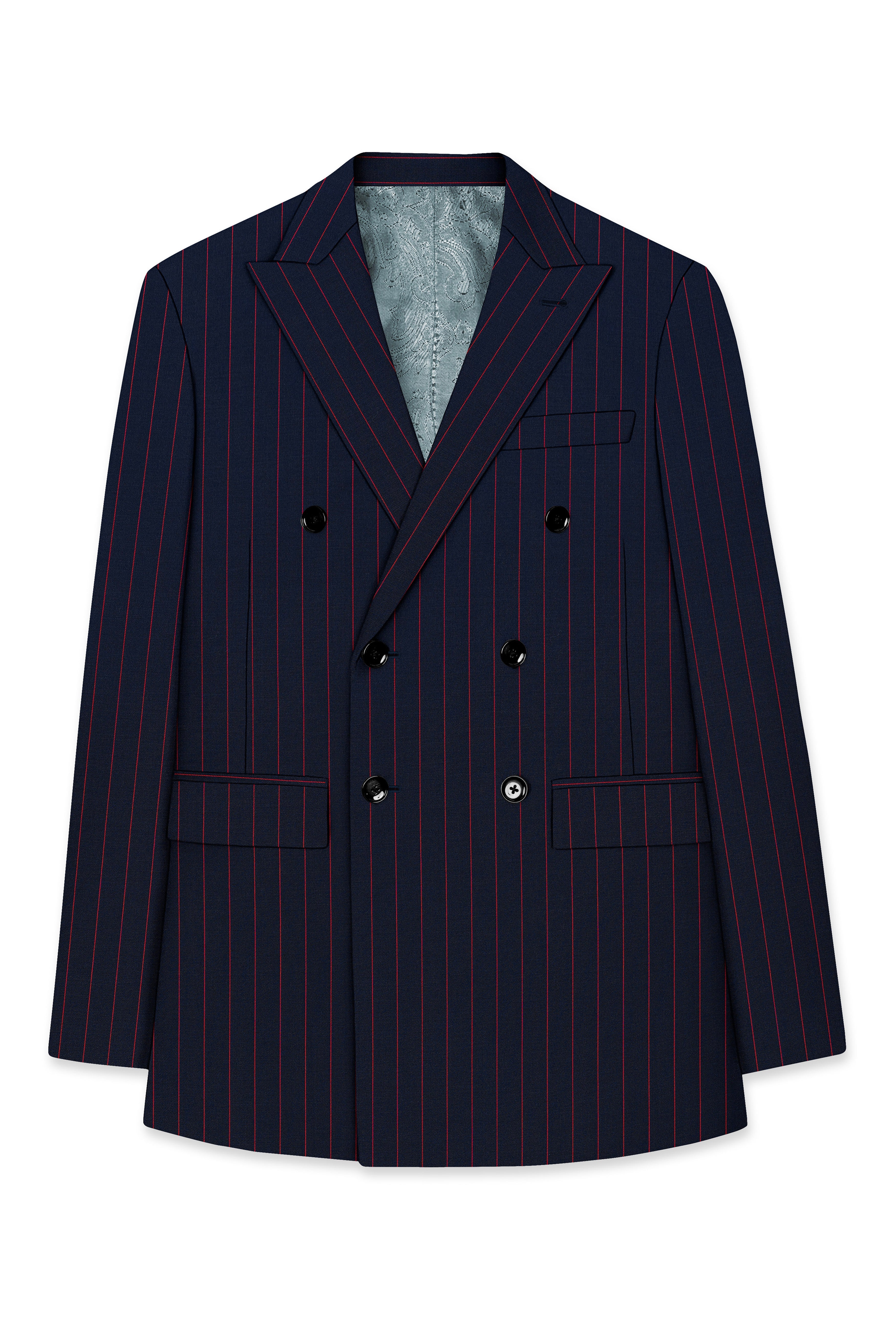 Striata-Haiti Blue And Brick Pink Chalk Striped Wool Rich Slight Stretch Double Breasted Blazer