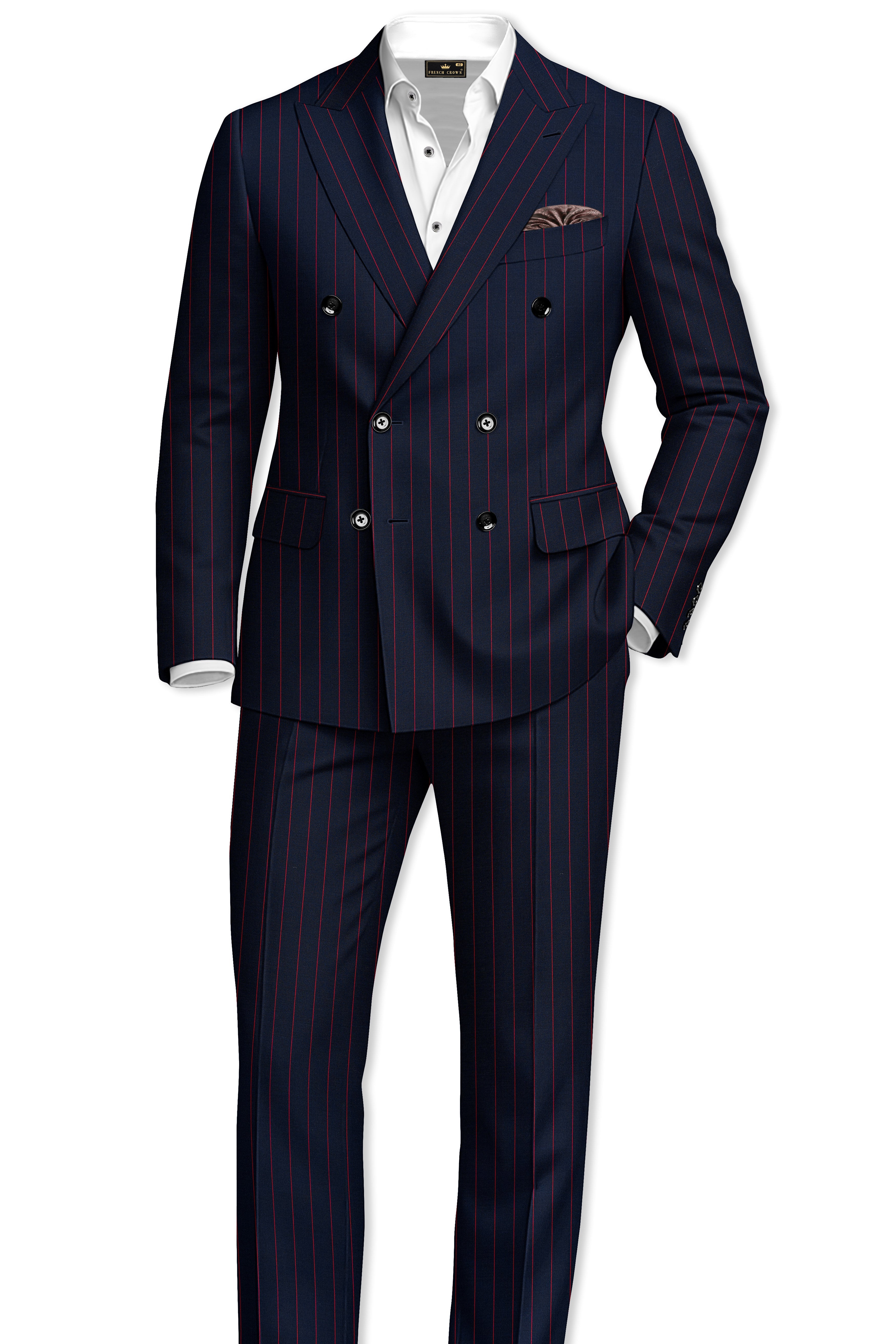 Striata-Haiti Blue And Brick Pink Chalk Striped Wool Rich Slight Stretch Double Breasted Blazer