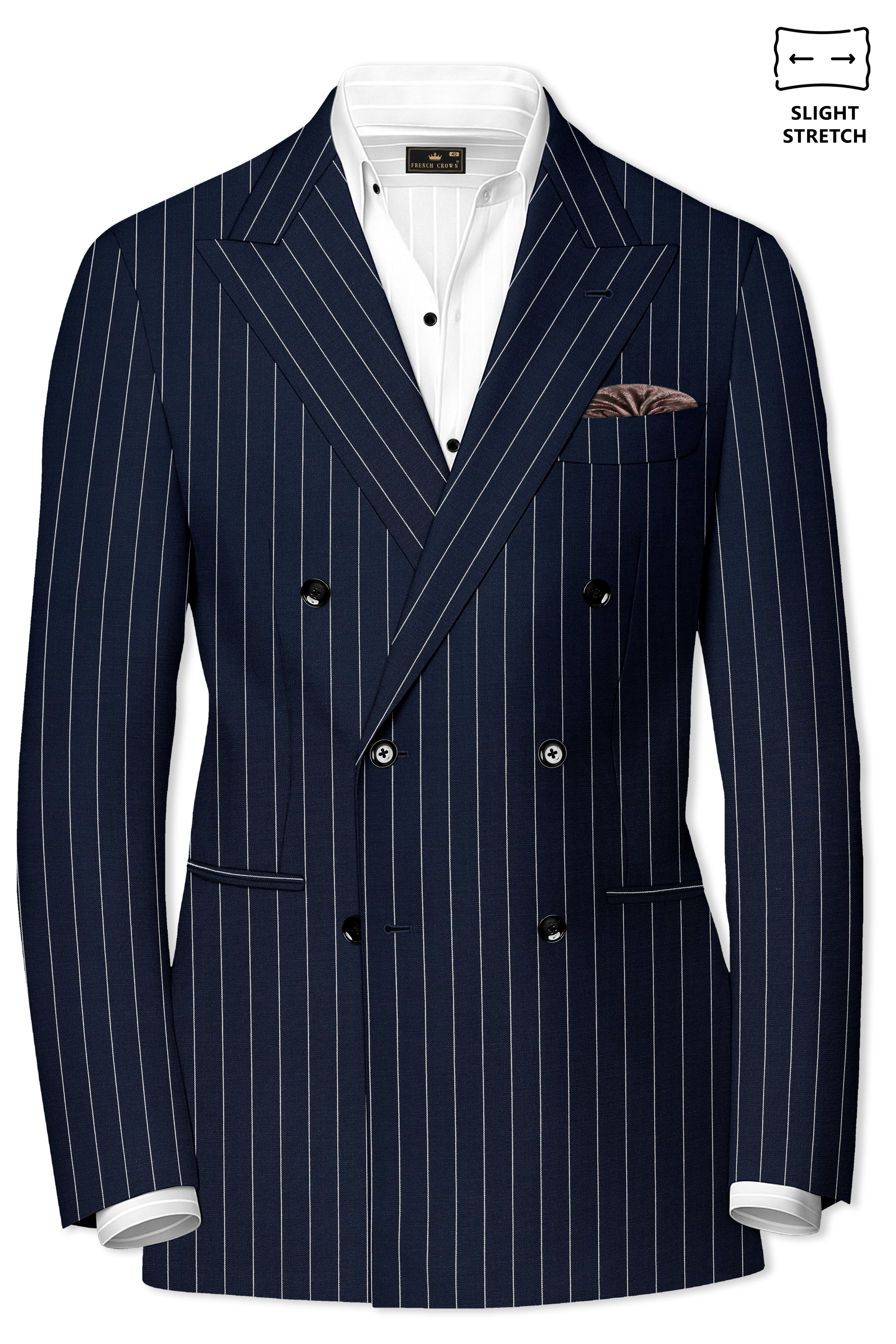 Azureon-Firefly Blue And Bright White Chalk Striped Wool Rich Slight Stretch Double Breasted Blazer