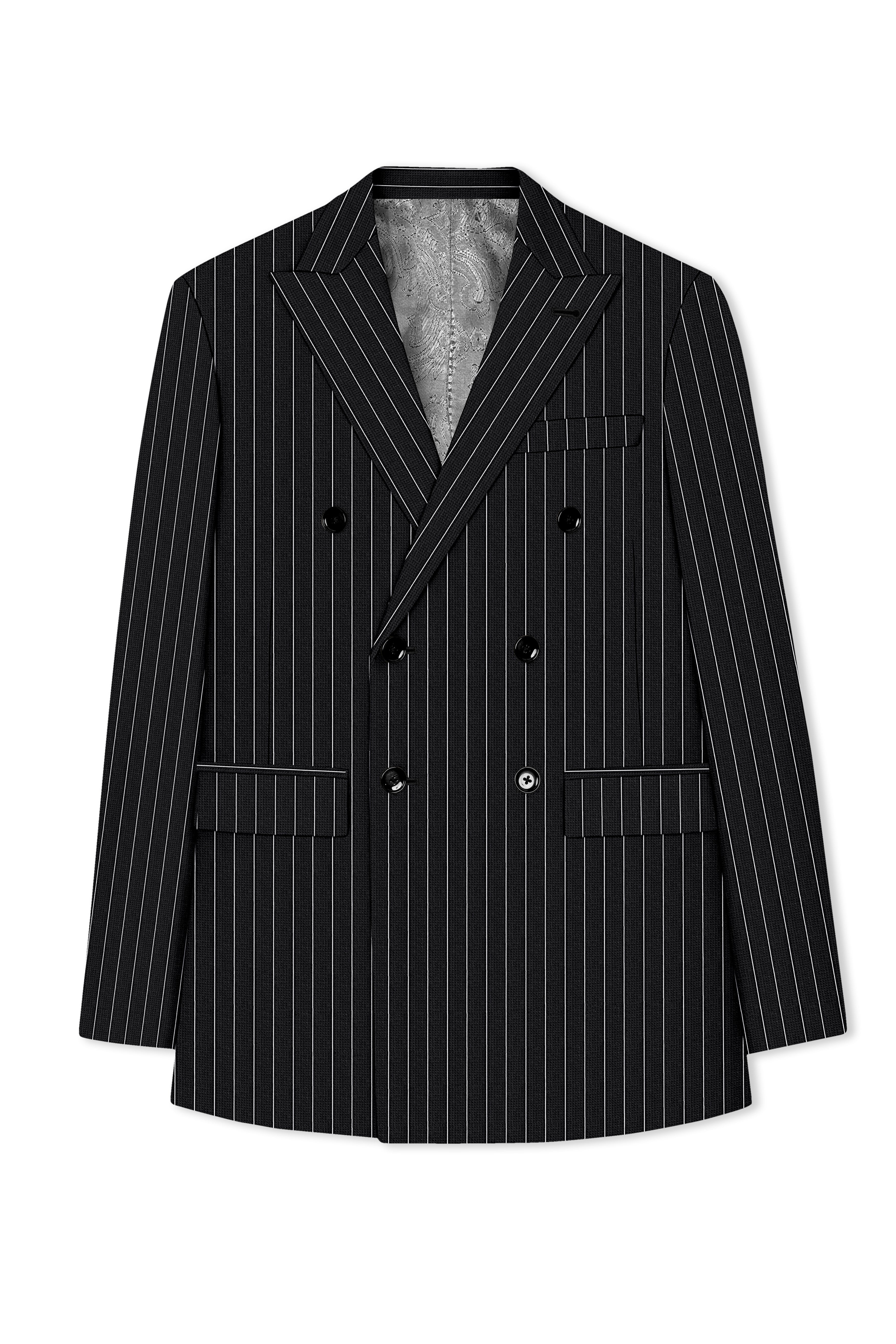 Viceroy-Jade Black And Bright White Chalk Striped Wool Rich Slight Stretch Double Breasted Blazer