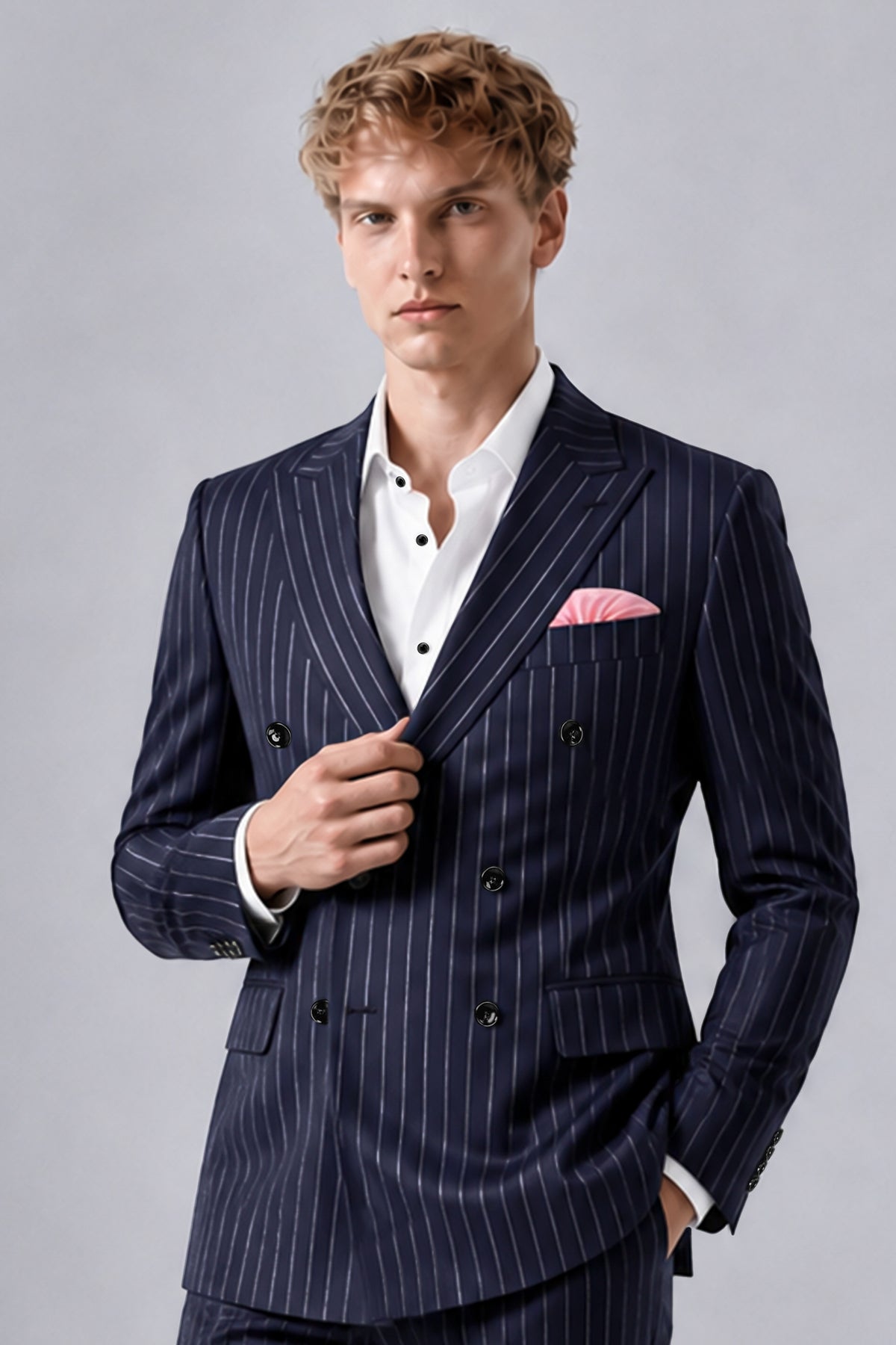 Regent-Ebony Blue And Bright White Chalk Striped Wool Rich Slight Stretch Double Breasted Blazer