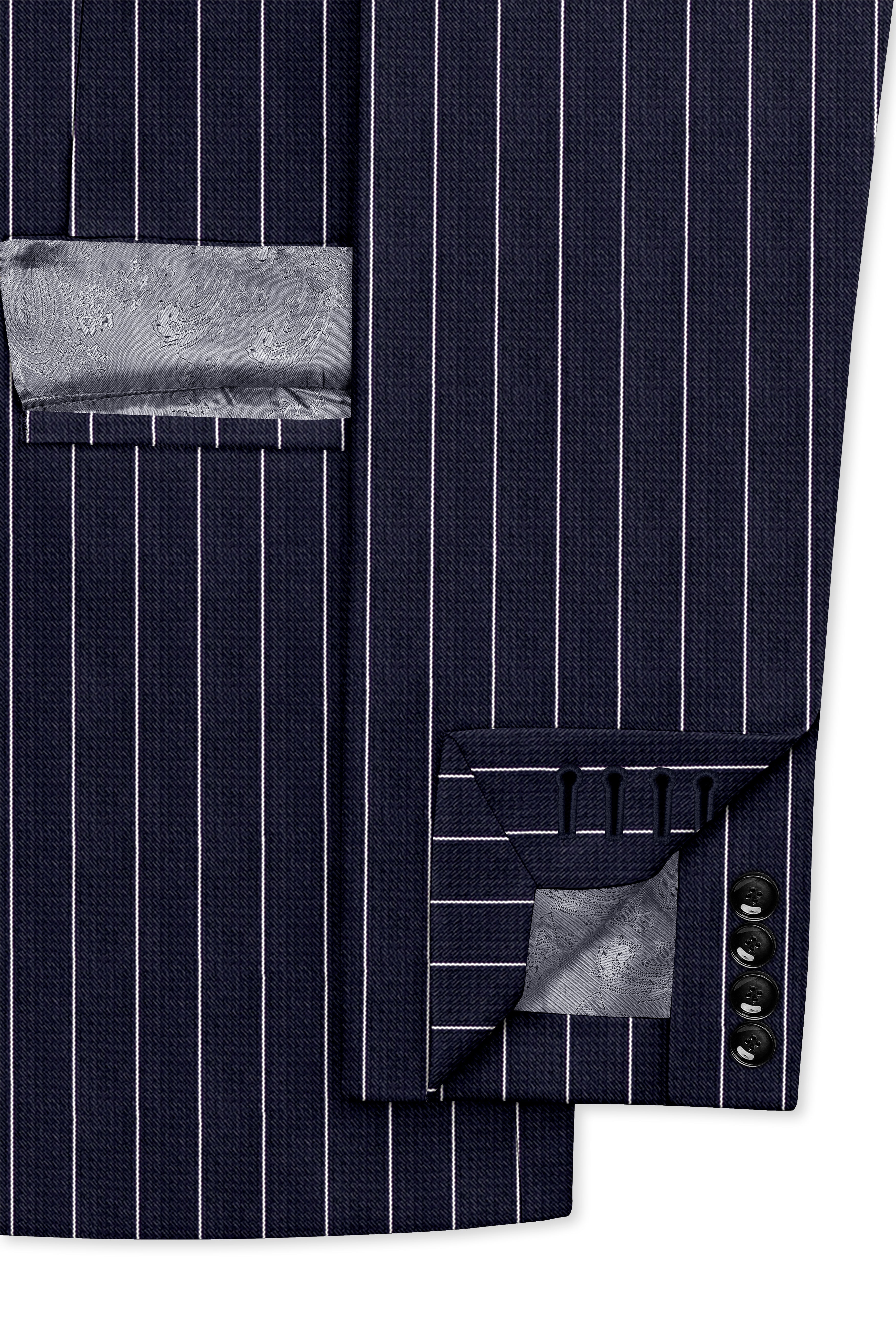 Regent-Ebony Blue And Bright White Chalk Striped Wool Rich Slight Stretch Double Breasted Blazer
