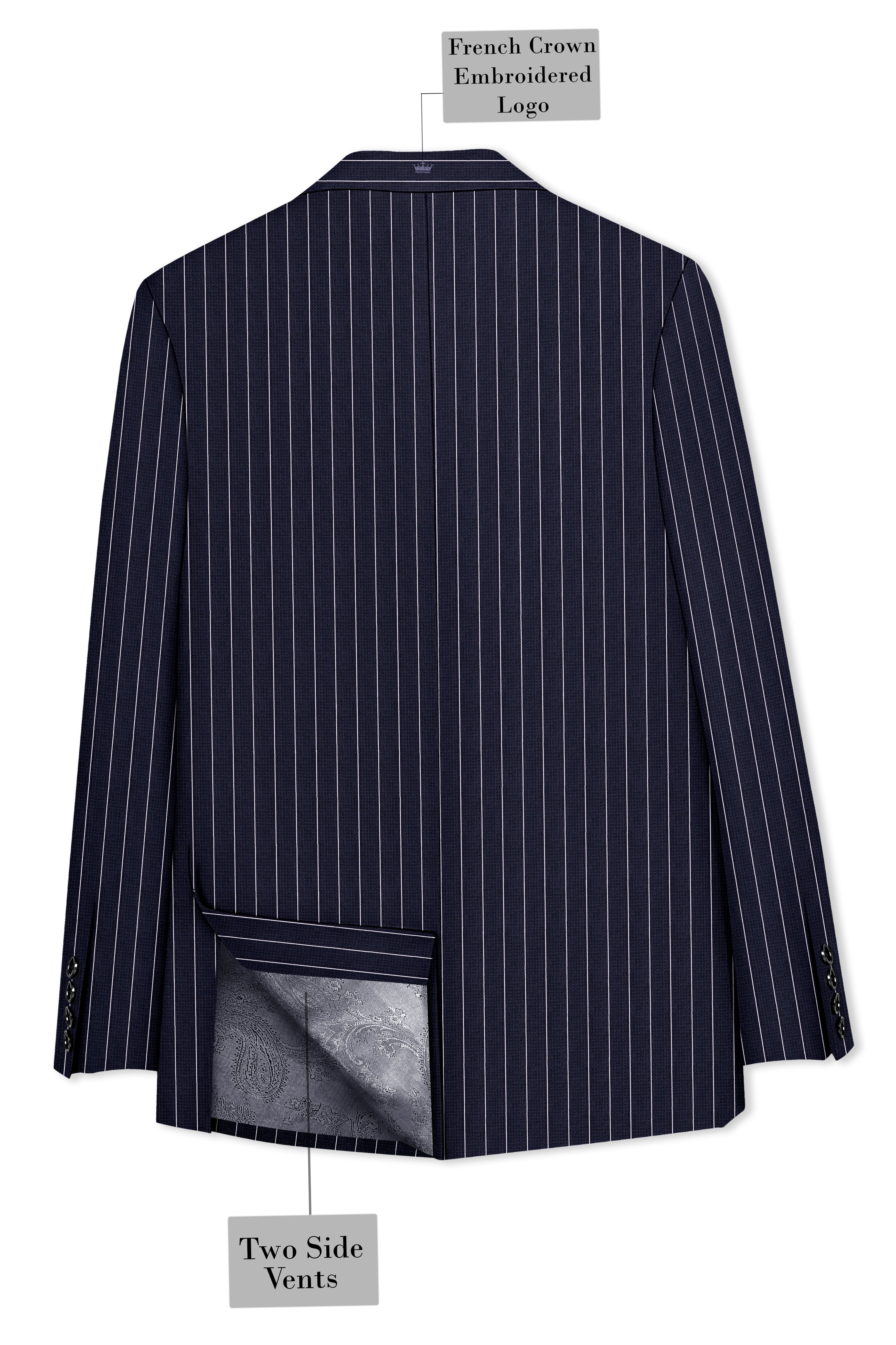 Regent-Ebony Blue And Bright White Chalk Striped Wool Rich Slight Stretch Double Breasted Blazer