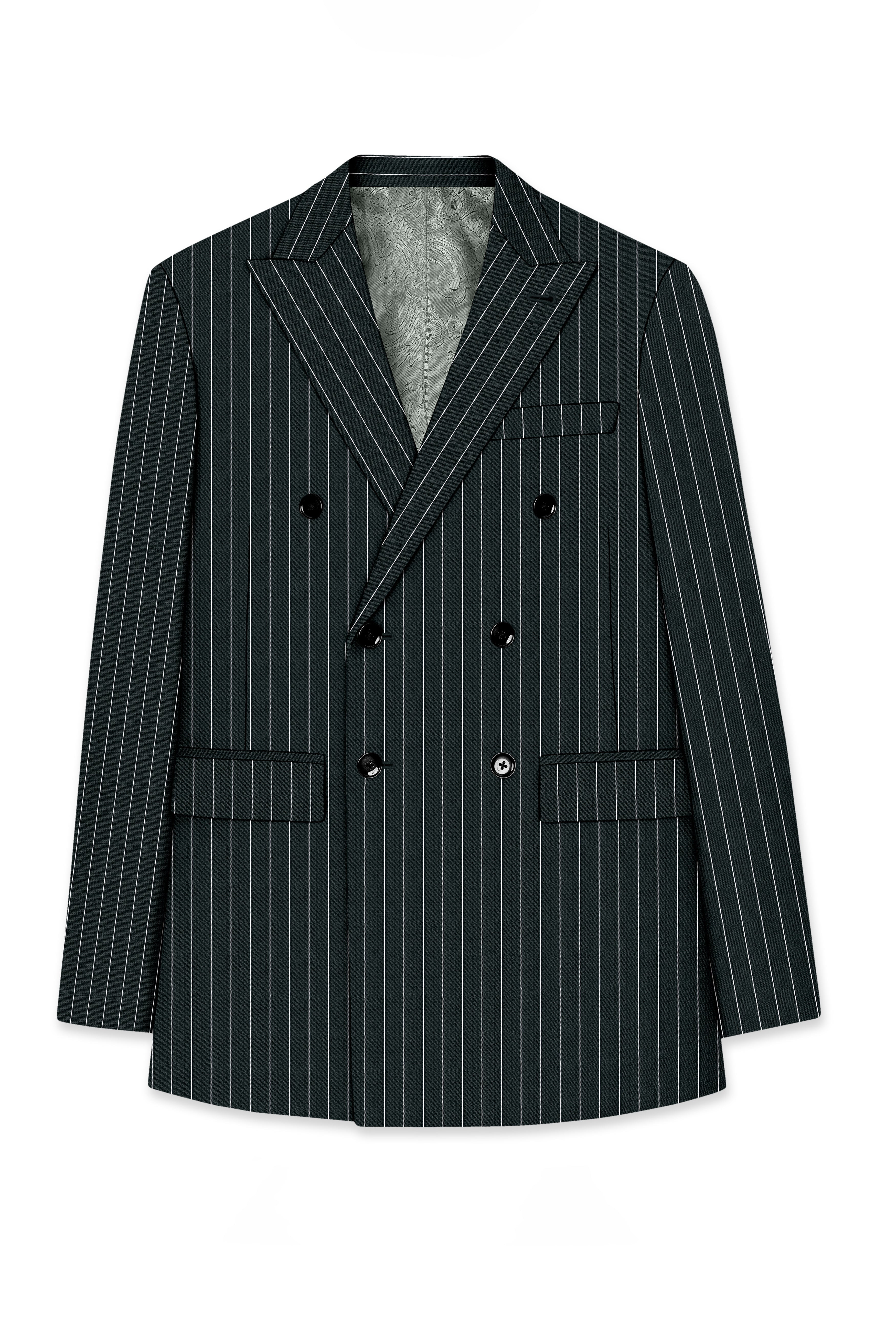 Viceroy-Hunter Green And Bright White Chalk Striped Wool Rich Slight Stretch Double Breasted Blazer