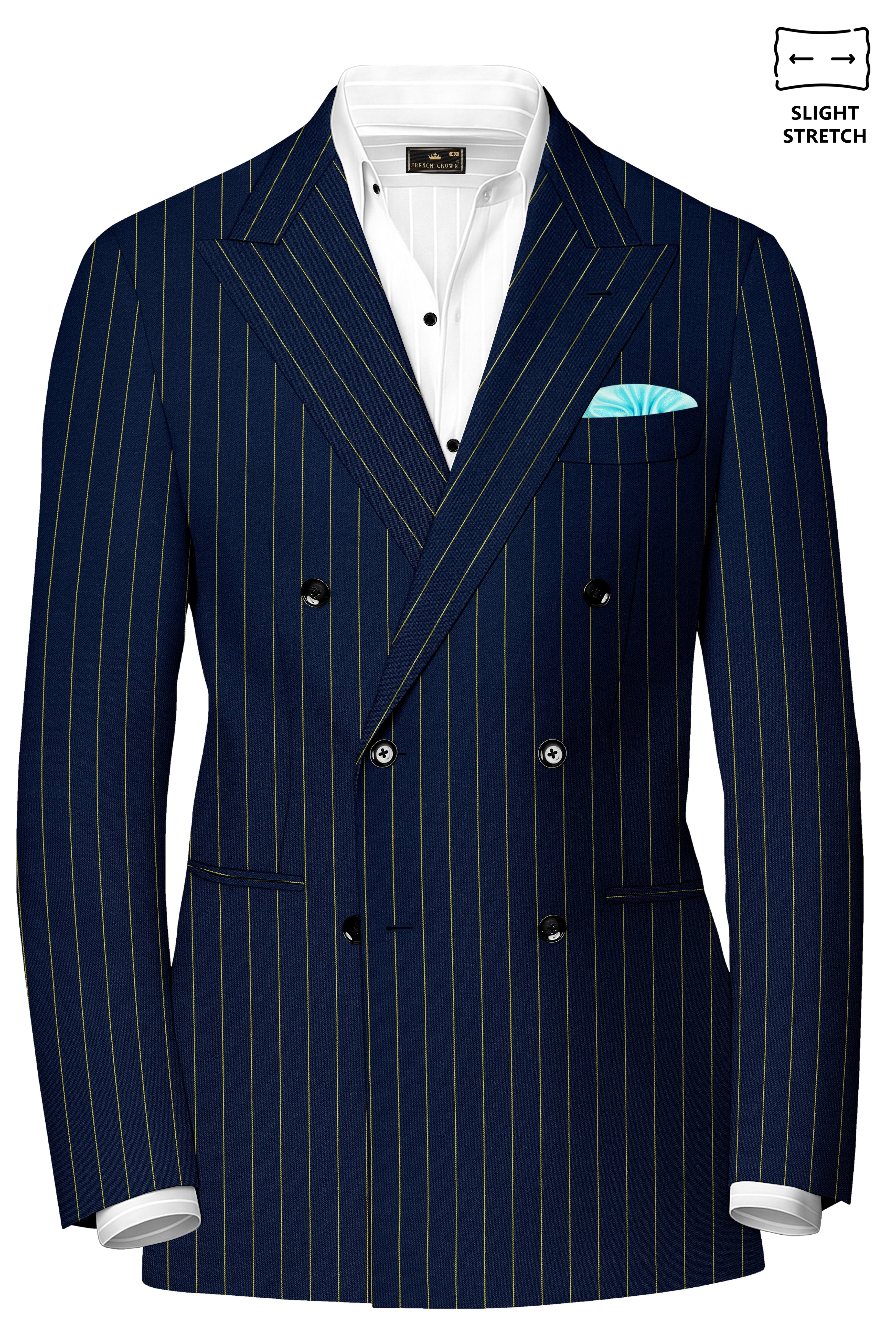 Aurum-Midnight Blue And Harvest Yellow Chalk Striped Wool Rich Slight Stretch Double Breasted Blazer