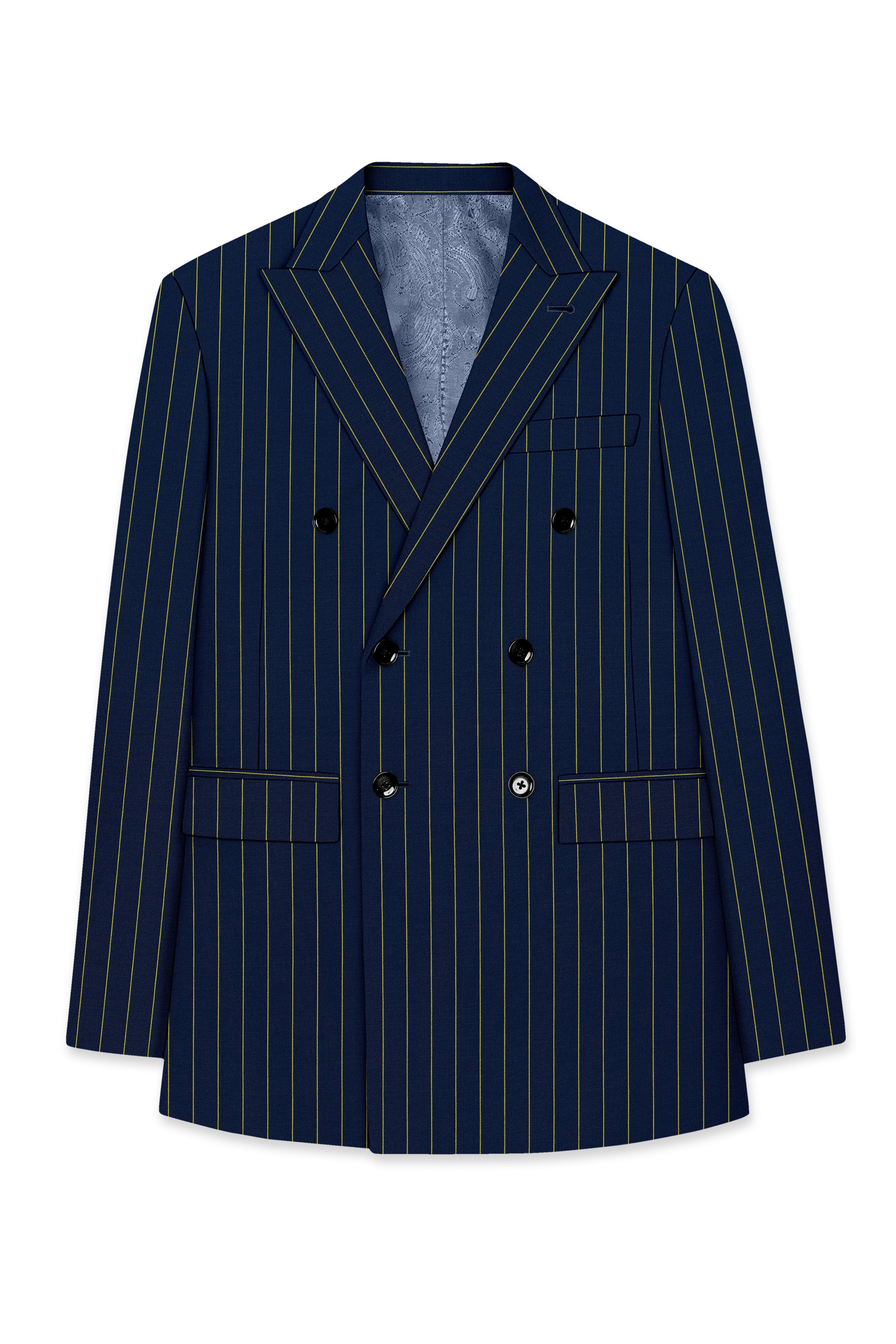 Aurum-Midnight Blue And Harvest Yellow Chalk Striped Wool Rich Slight Stretch Double Breasted Blazer