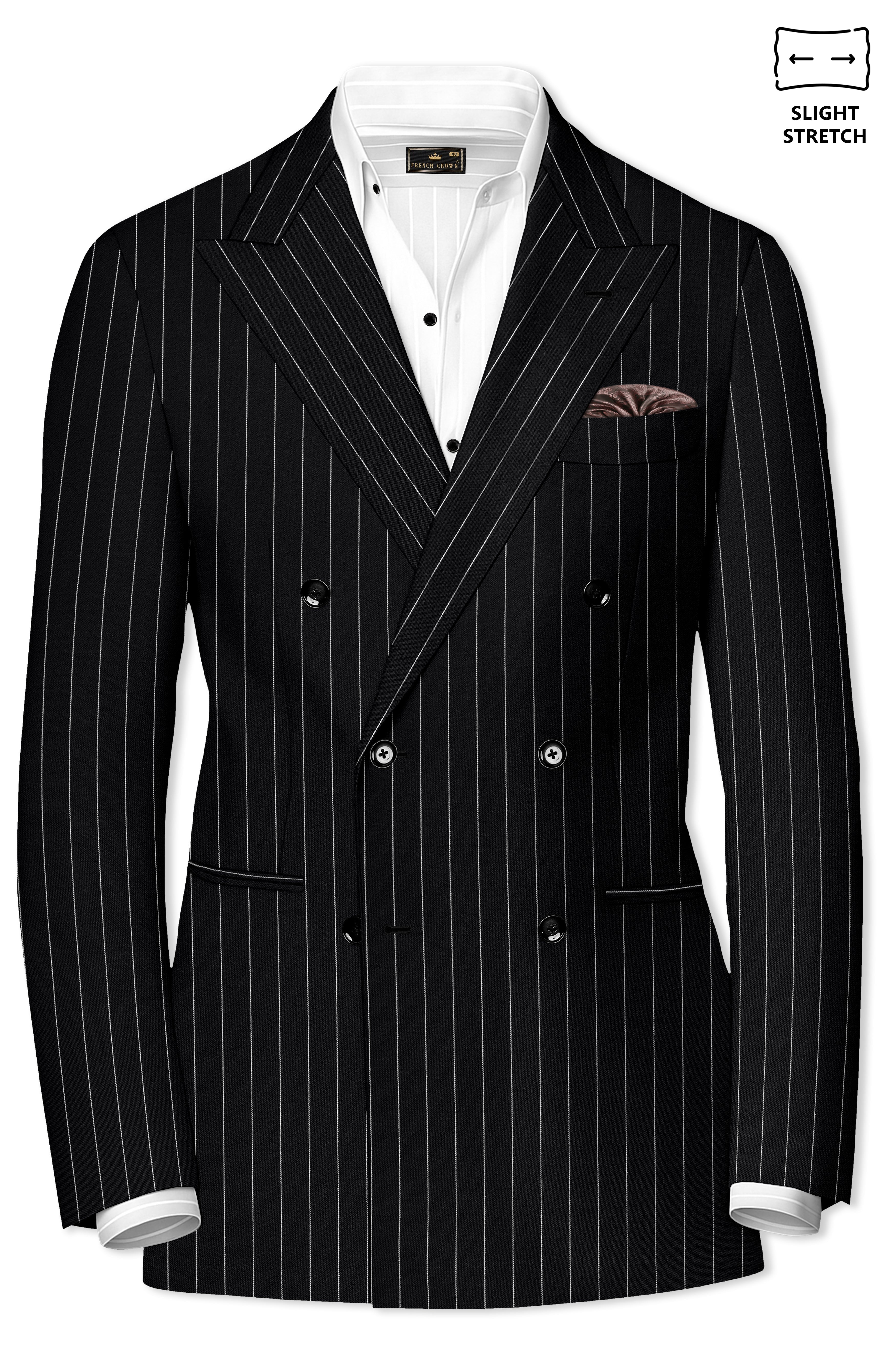 Veritas-Jade Black And Bright White Pin Striped Wool Rich Slight Stretch Double Breasted Blazer