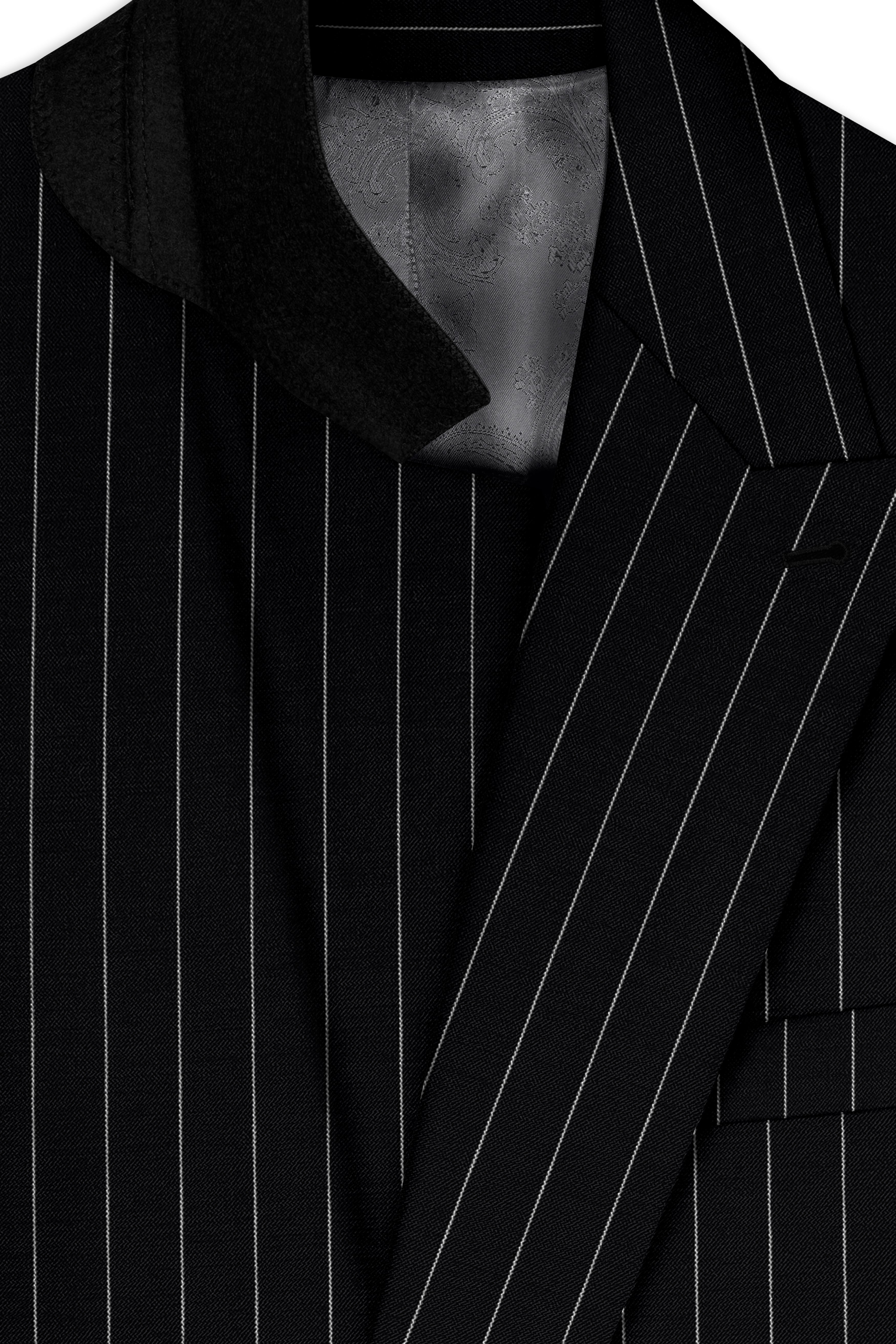 Veritas-Jade Black And Bright White Pin Striped Wool Rich Slight Stretch Double Breasted Blazer