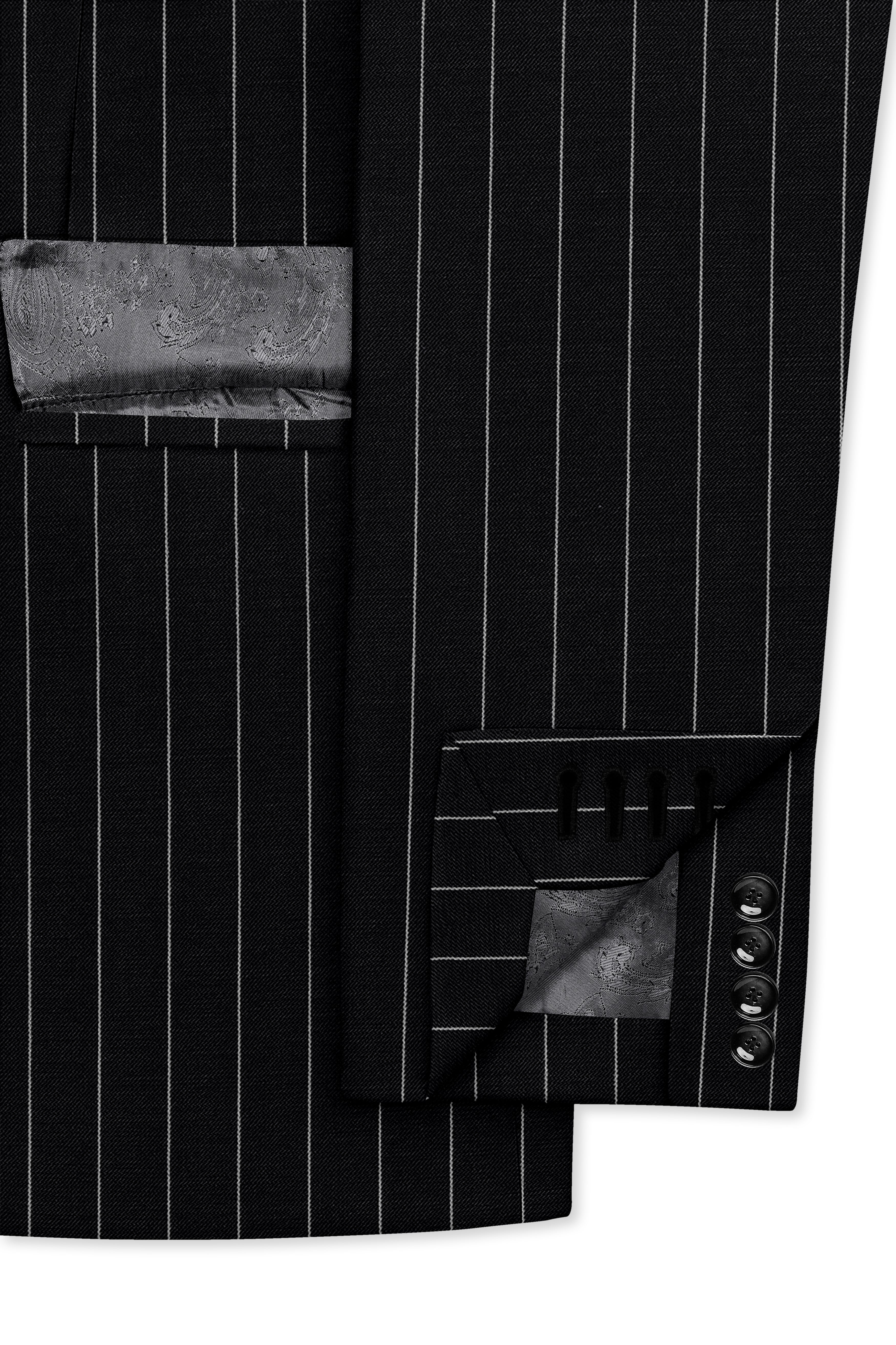 Veritas-Jade Black And Bright White Pin Striped Wool Rich Slight Stretch Double Breasted Blazer