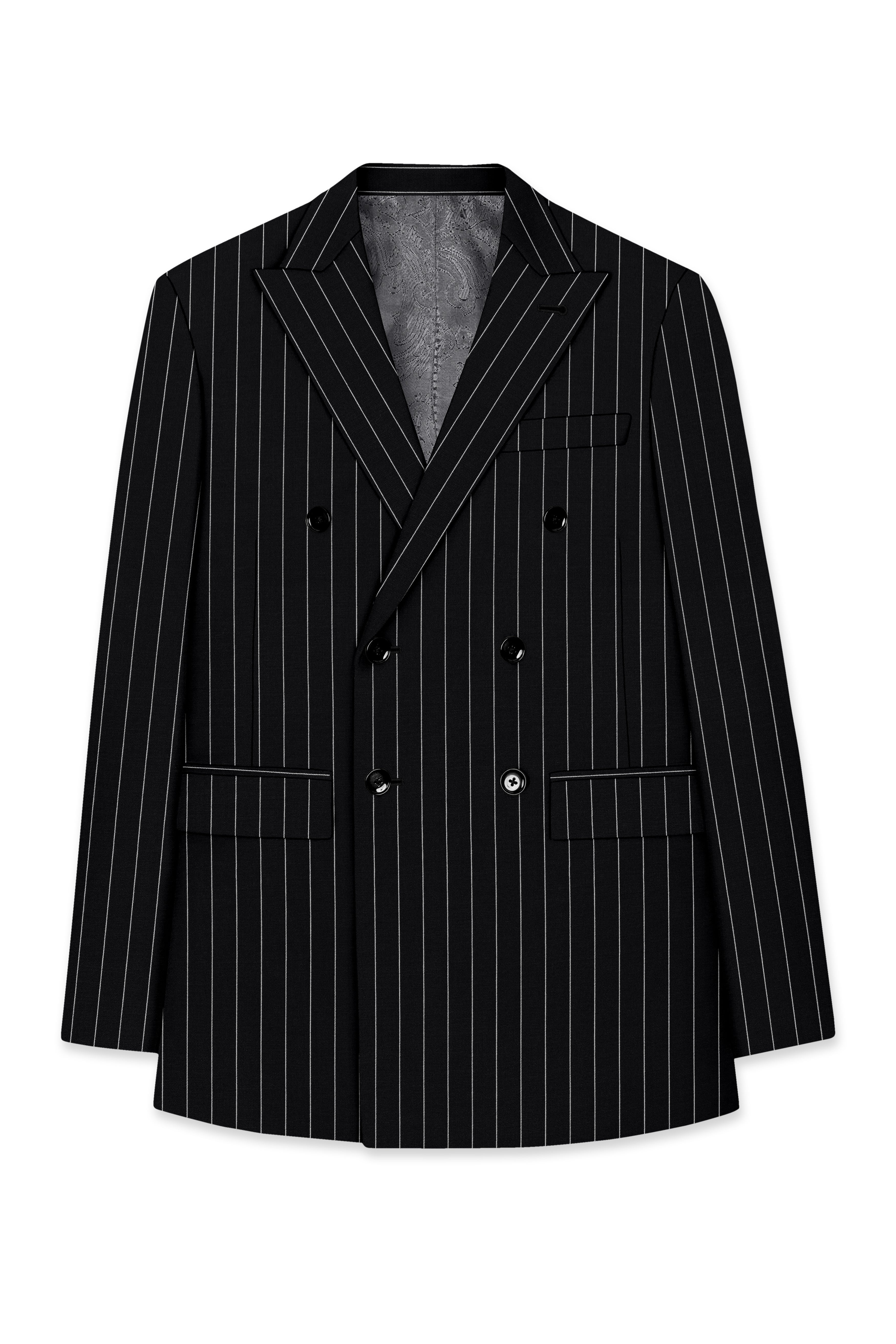Veritas-Jade Black And Bright White Pin Striped Wool Rich Slight Stretch Double Breasted Blazer