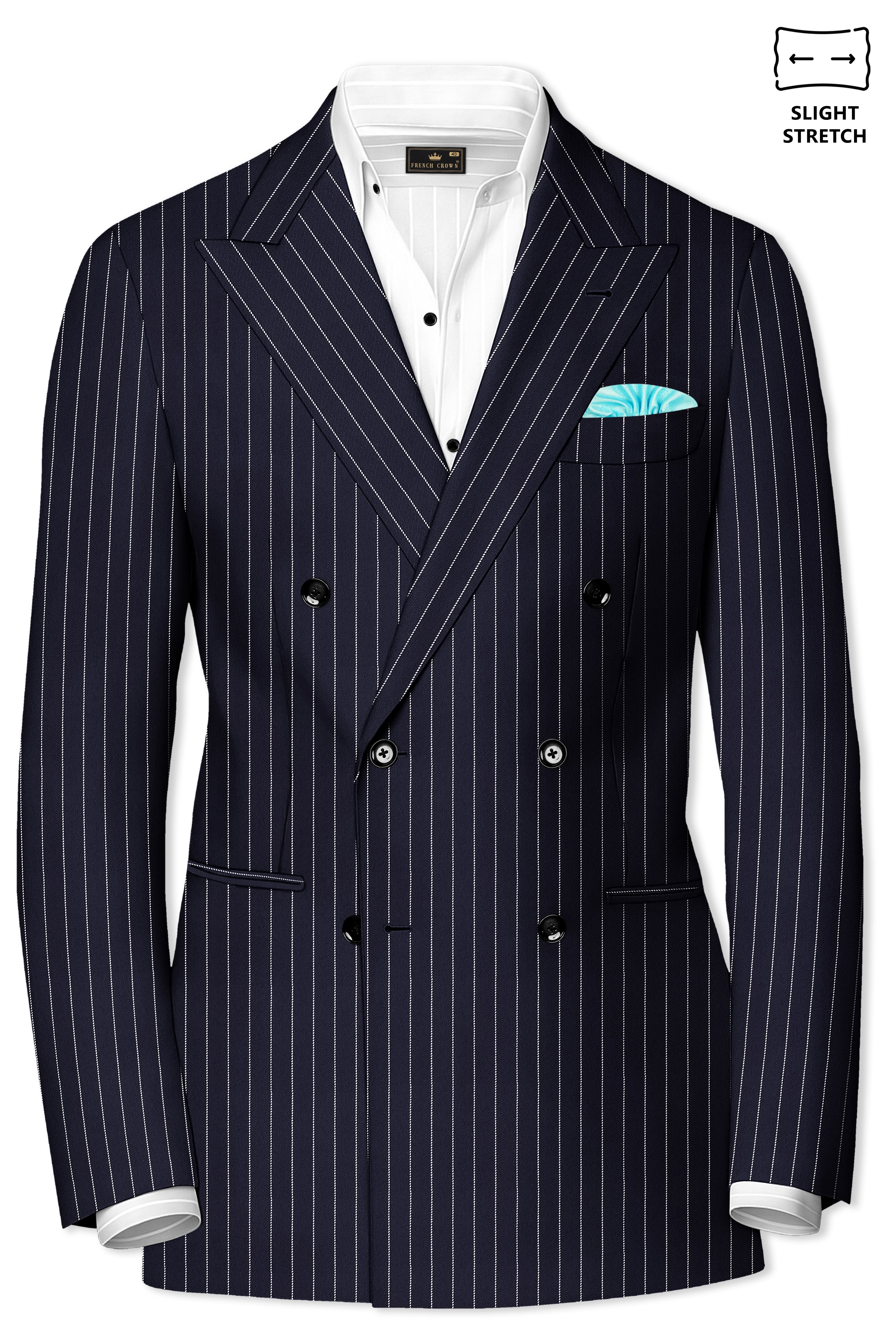 Aurelius-Cinder Blue Bright White Chalk Striped Wool Rich Slight Stretch Double Breasted Blazer