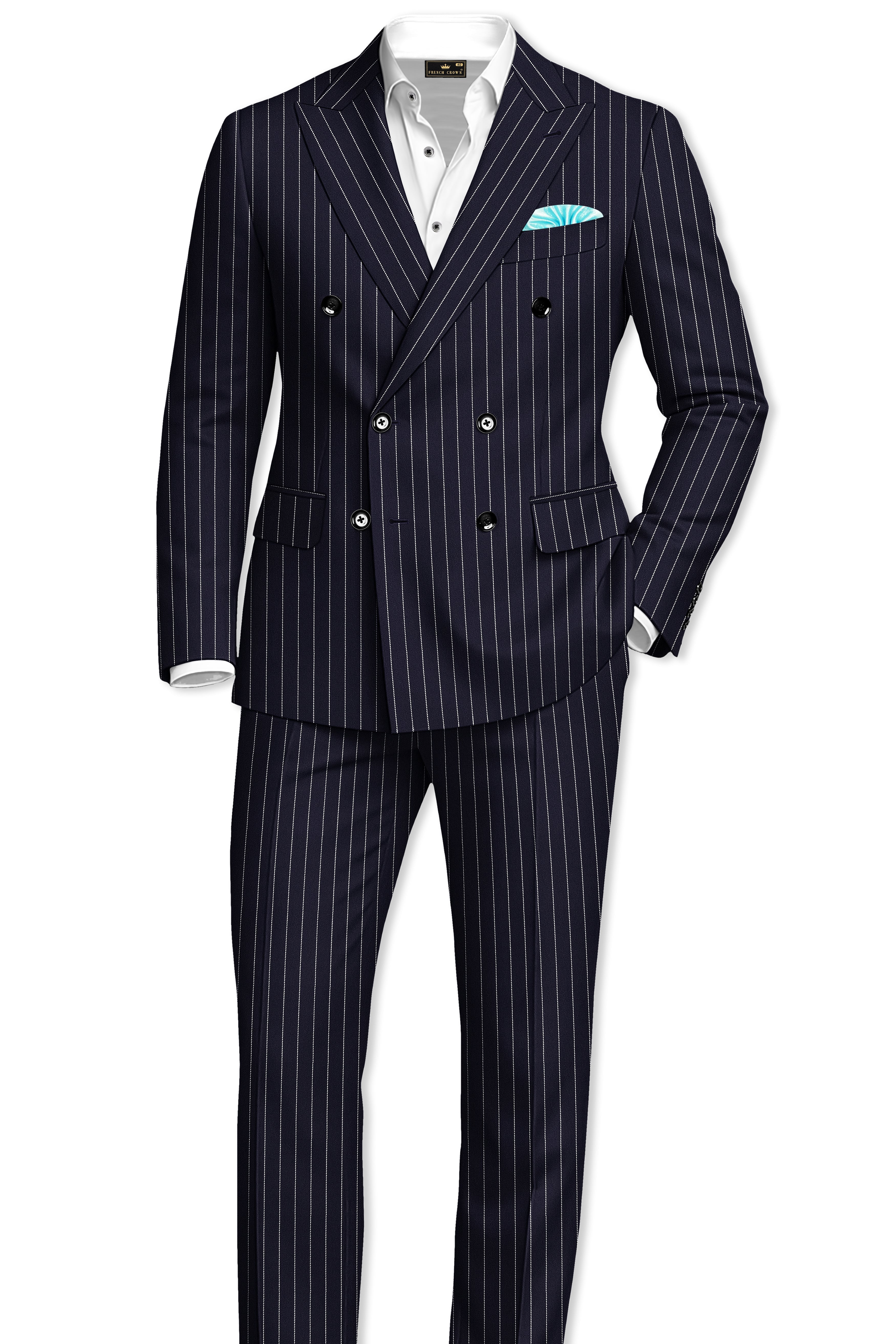Aurelius-Cinder Blue Bright White Chalk Striped Wool Rich Slight Stretch Double Breasted Blazer