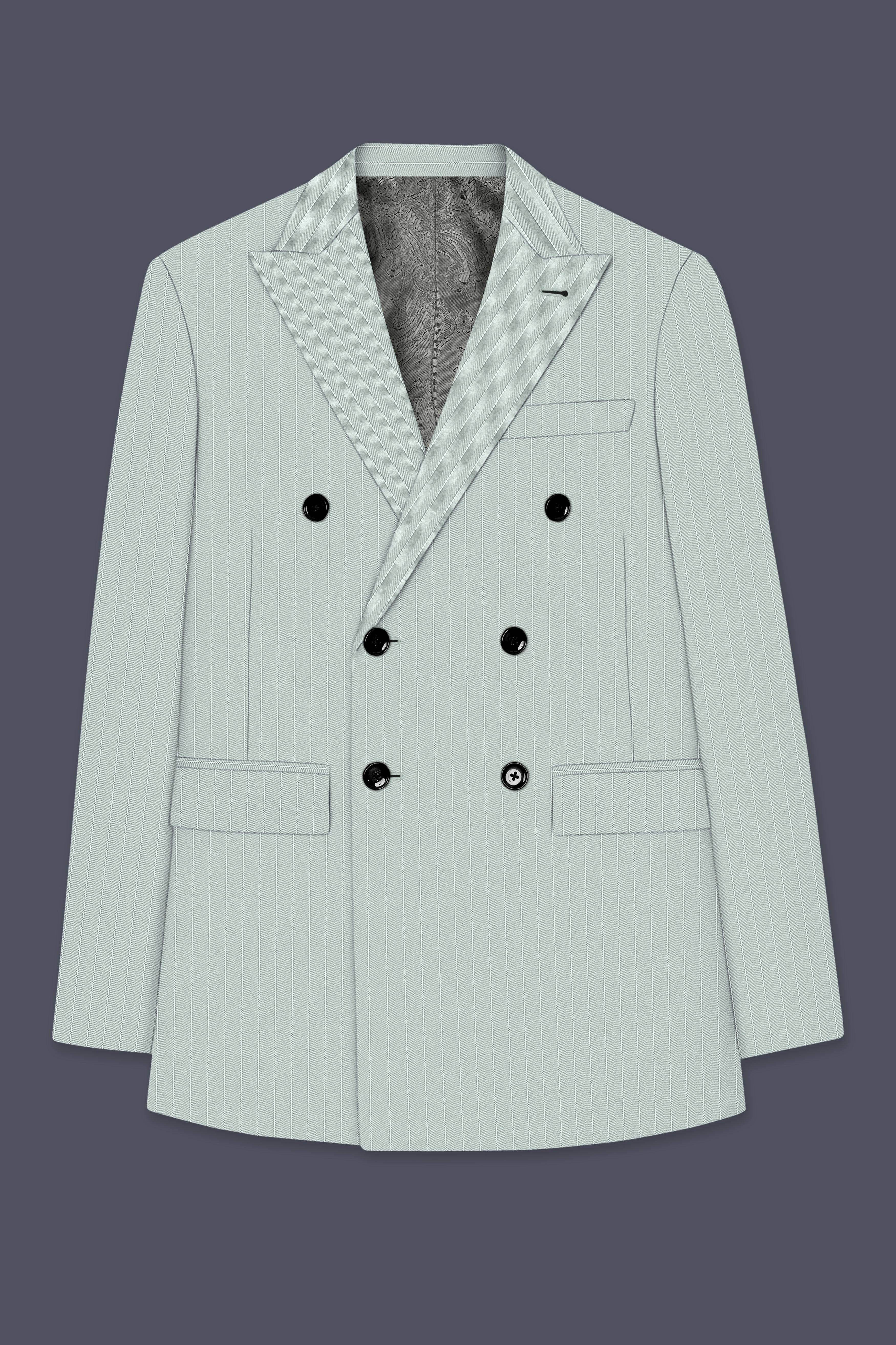 Halcyon-Pale Slate Green Herringbone Striped Wool Rich Slight Stretch Double Breasted Blazer