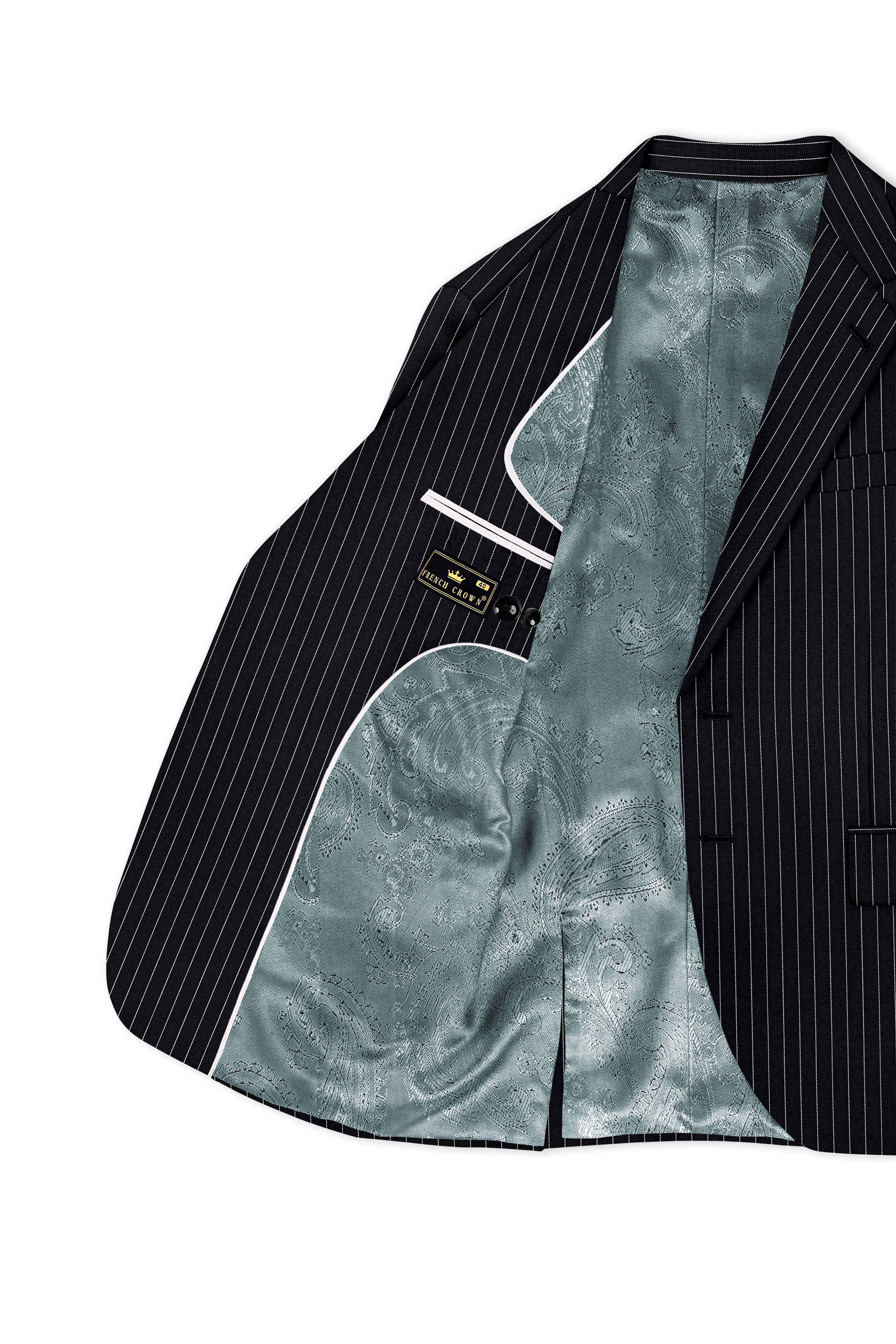 Strivon-Jade Black And Bright White Chalk Striped Wool Rich Slight Stretch Single Breasted Blazer