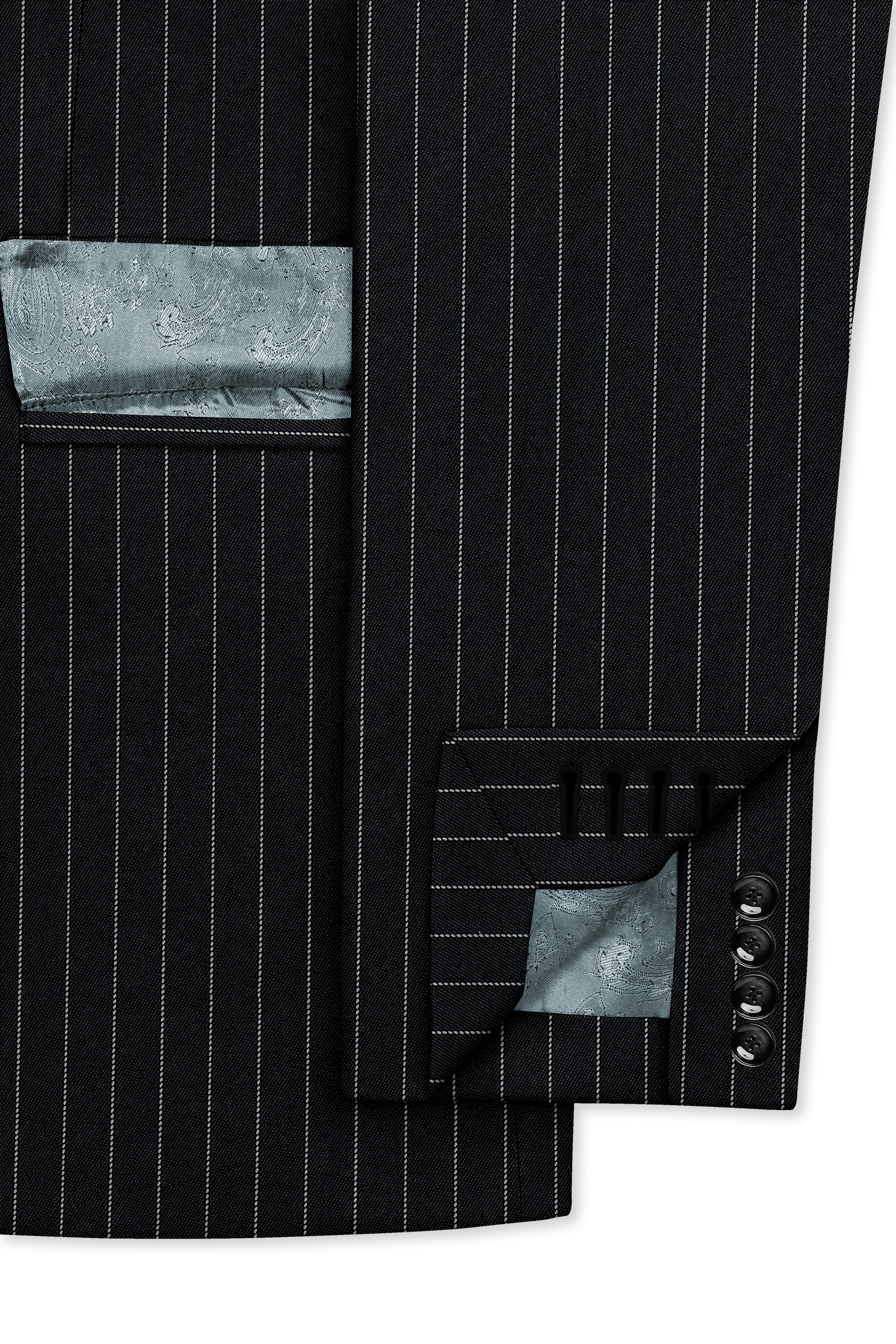 Strivon-Jade Black And Bright White Chalk Striped Wool Rich Slight Stretch Single Breasted Blazer