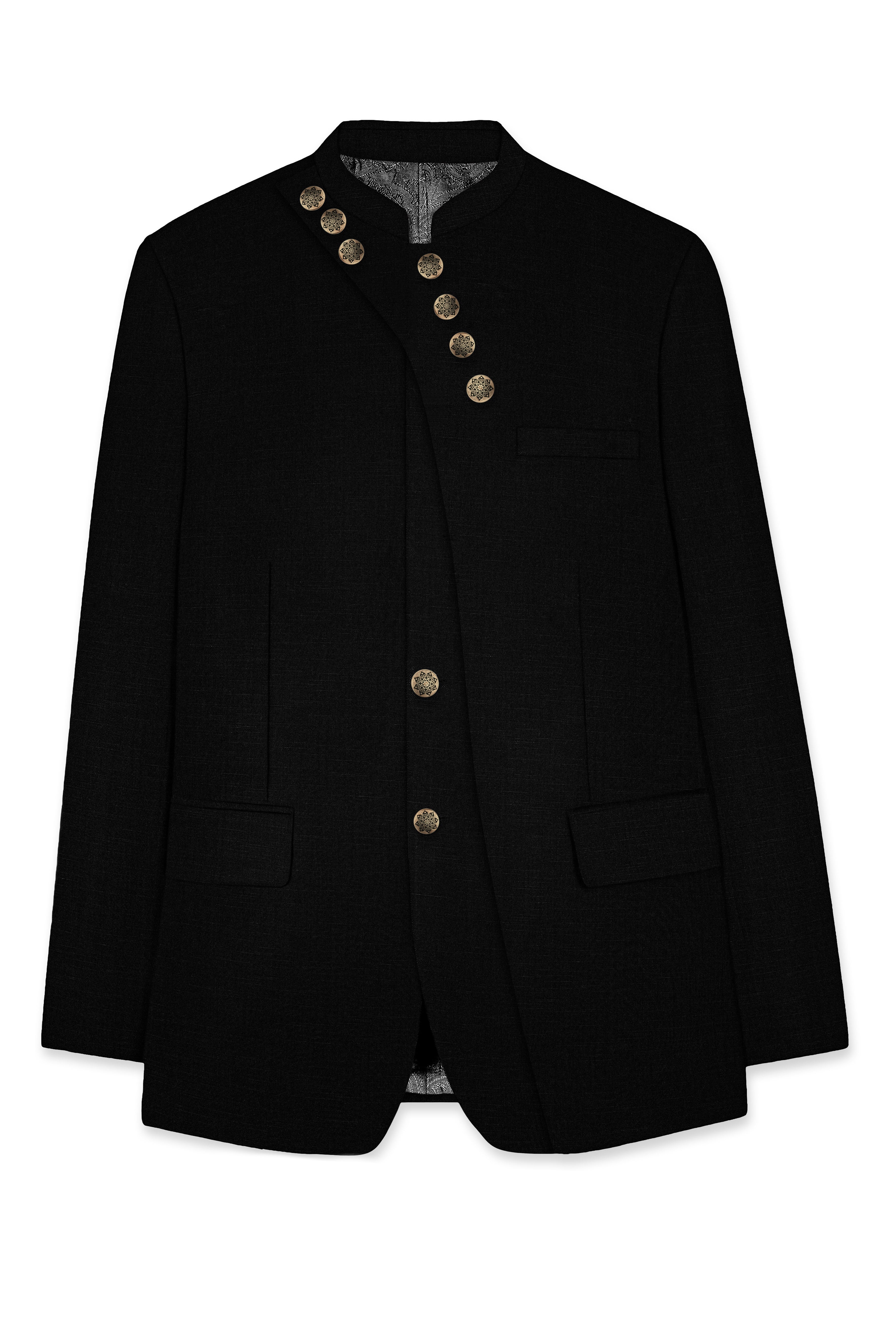 Jade Black Stretchable Subtle Sheen Cross Placket Bandhgala/Mandarin wool blend Designer Blazer