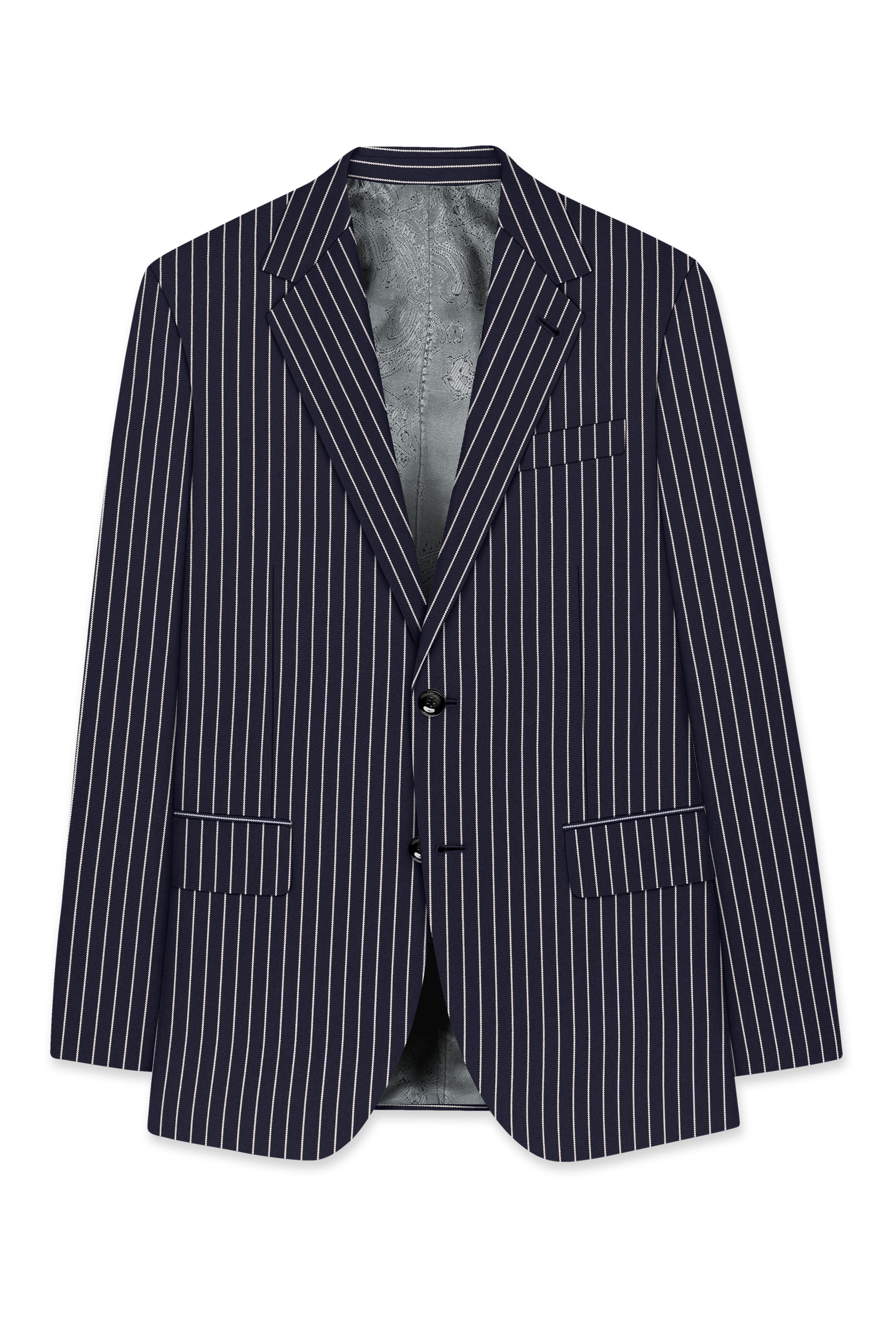 Maris-Baltic Sea Blue And Bright White Chalk Striped Wool Rich Slight Stretch Single Breasted Blazer