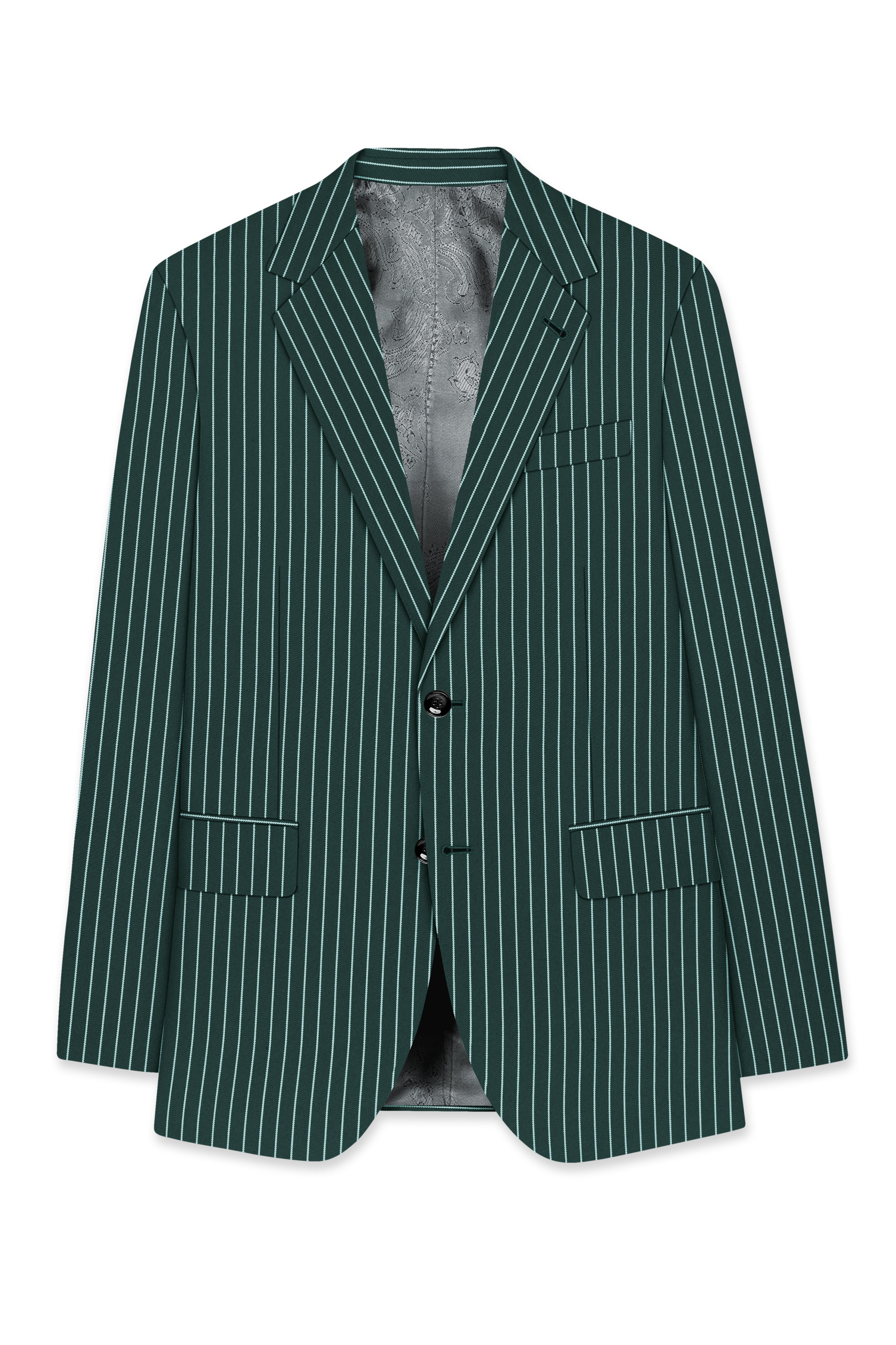 Forenza-Jungle Green And Bright White Chalk Striped Wool Rich Slight Stretch Single Breasted Blazer
