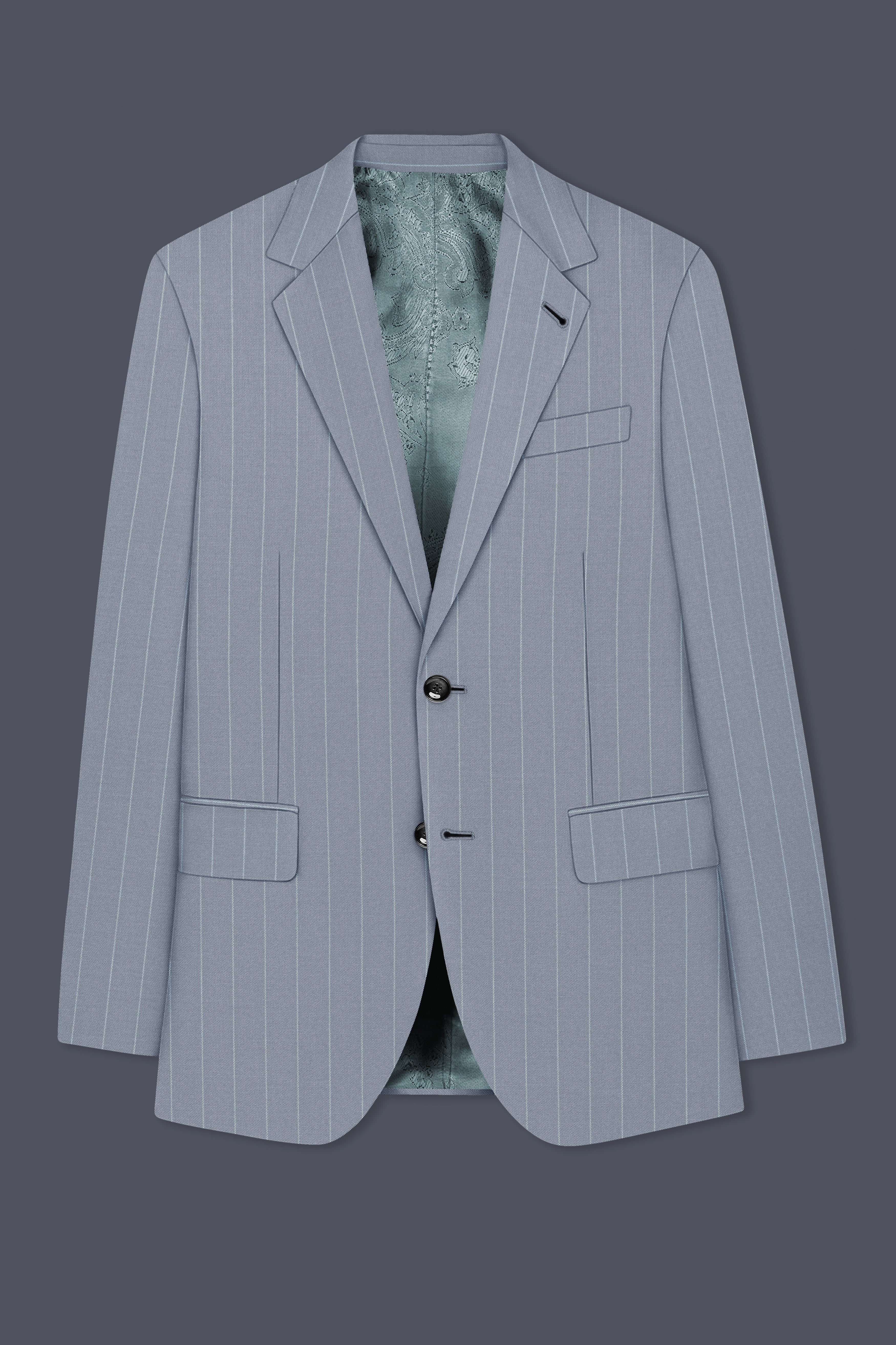 Prestige-Regent Gray And Bright White Chalk Striped Wool Rich Slight Stretch Single Breasted Blazer