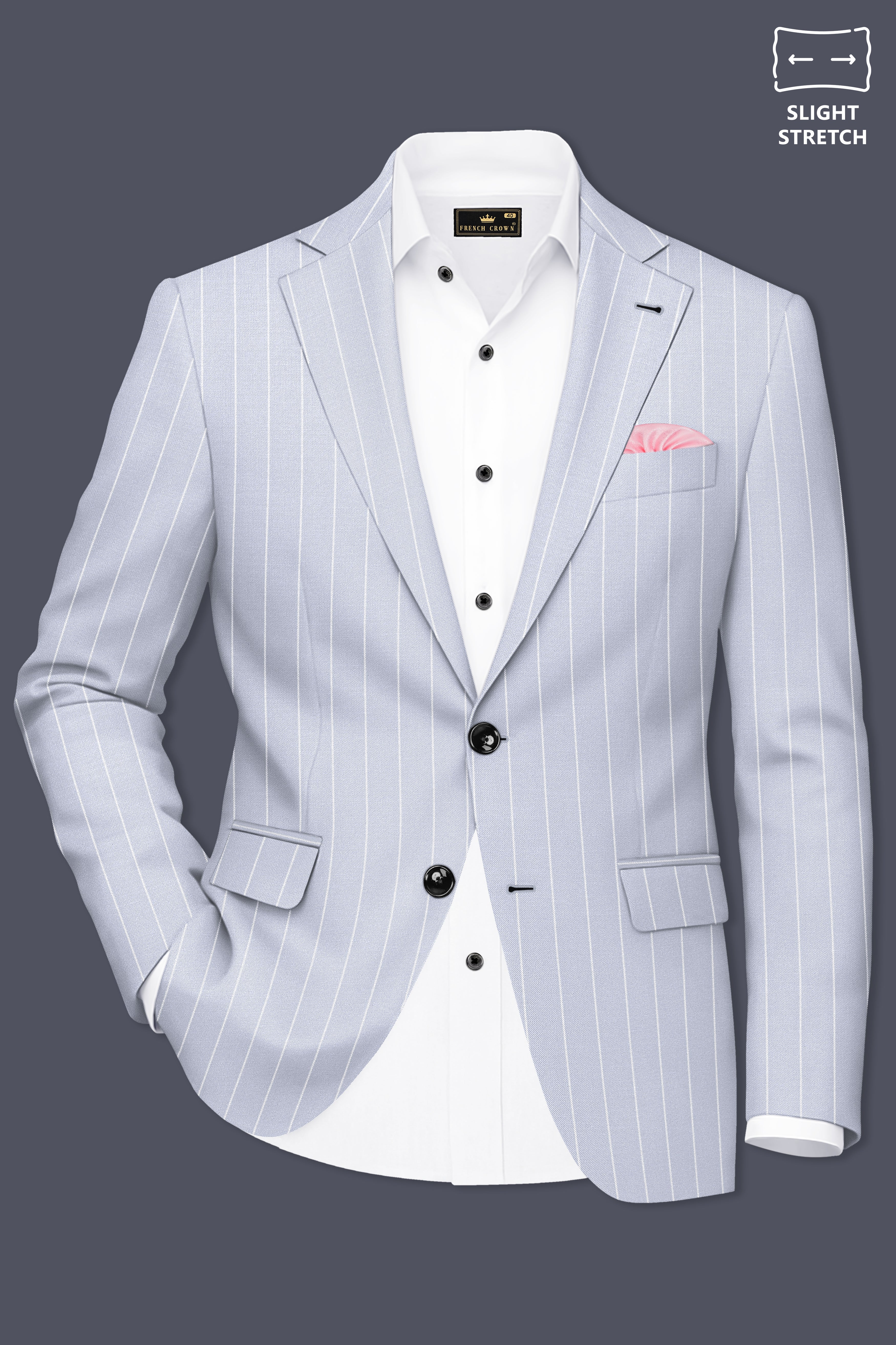 Axiom-Loblolly Gray And Bright White Chalk Striped Wool Rich Slight Stretch Single Breasted Blazer