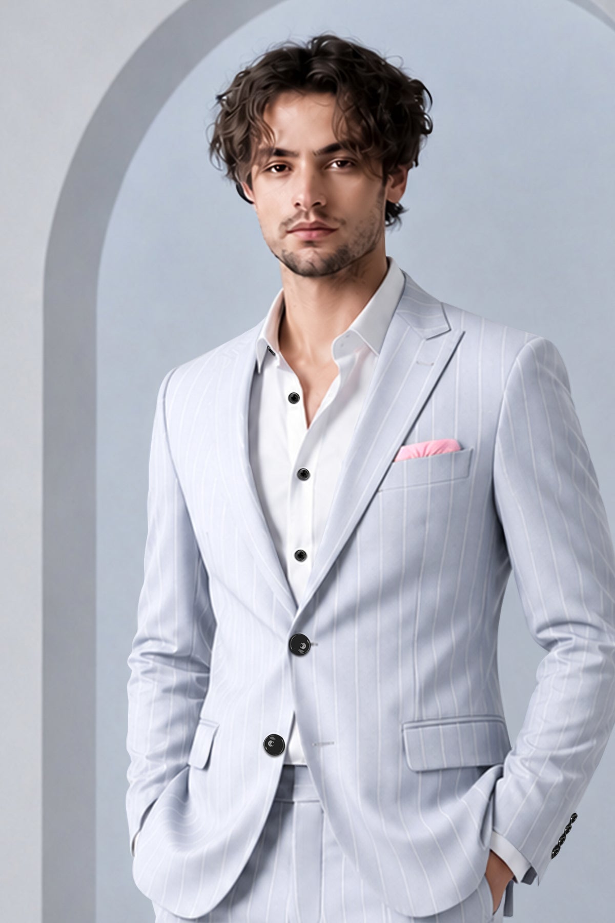Axiom-Loblolly Gray And Bright White Chalk Striped Wool Rich Slight Stretch Single Breasted Blazer