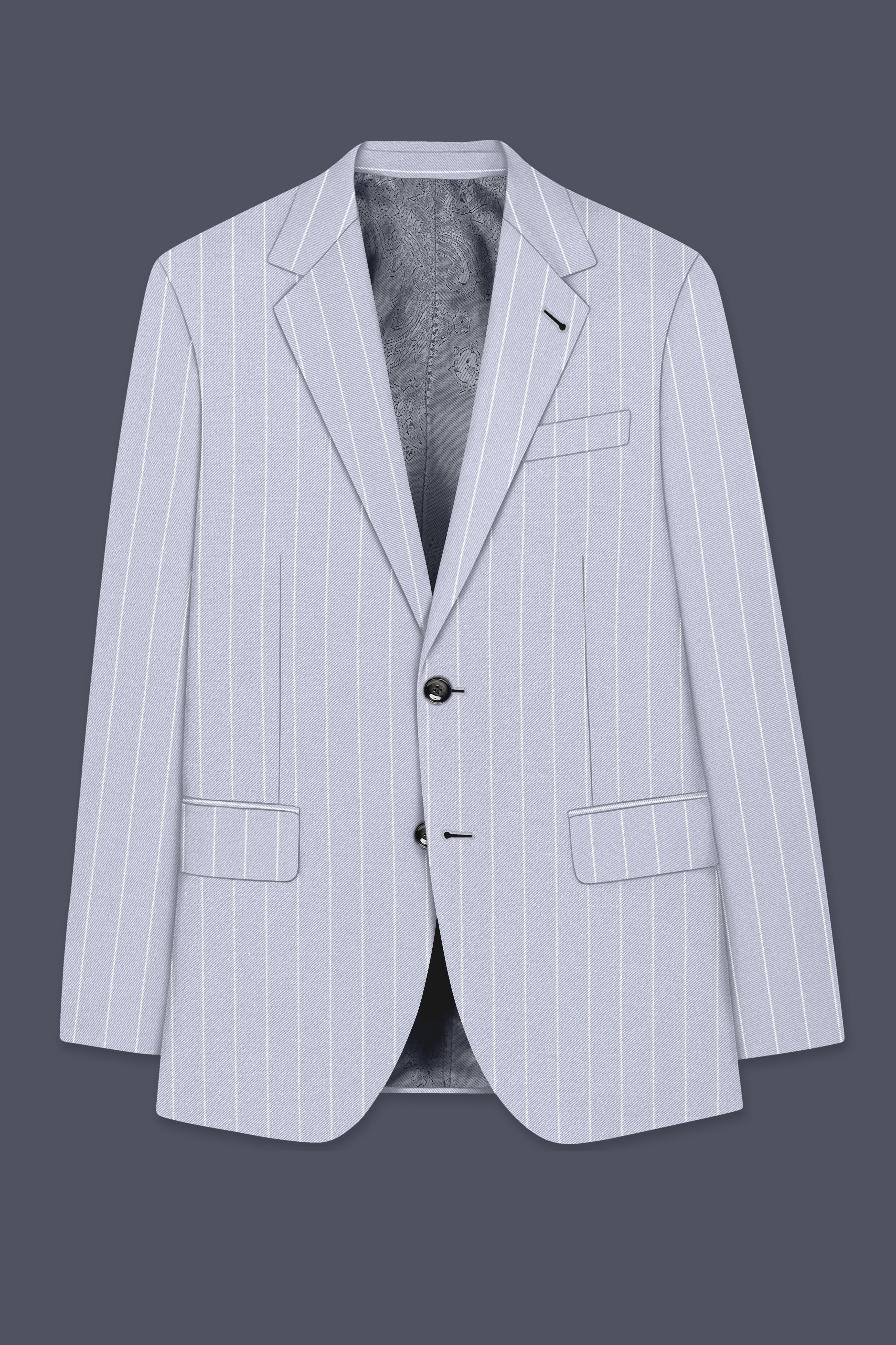 Axiom-Loblolly Gray And Bright White Chalk Striped Wool Rich Slight Stretch Single Breasted Blazer