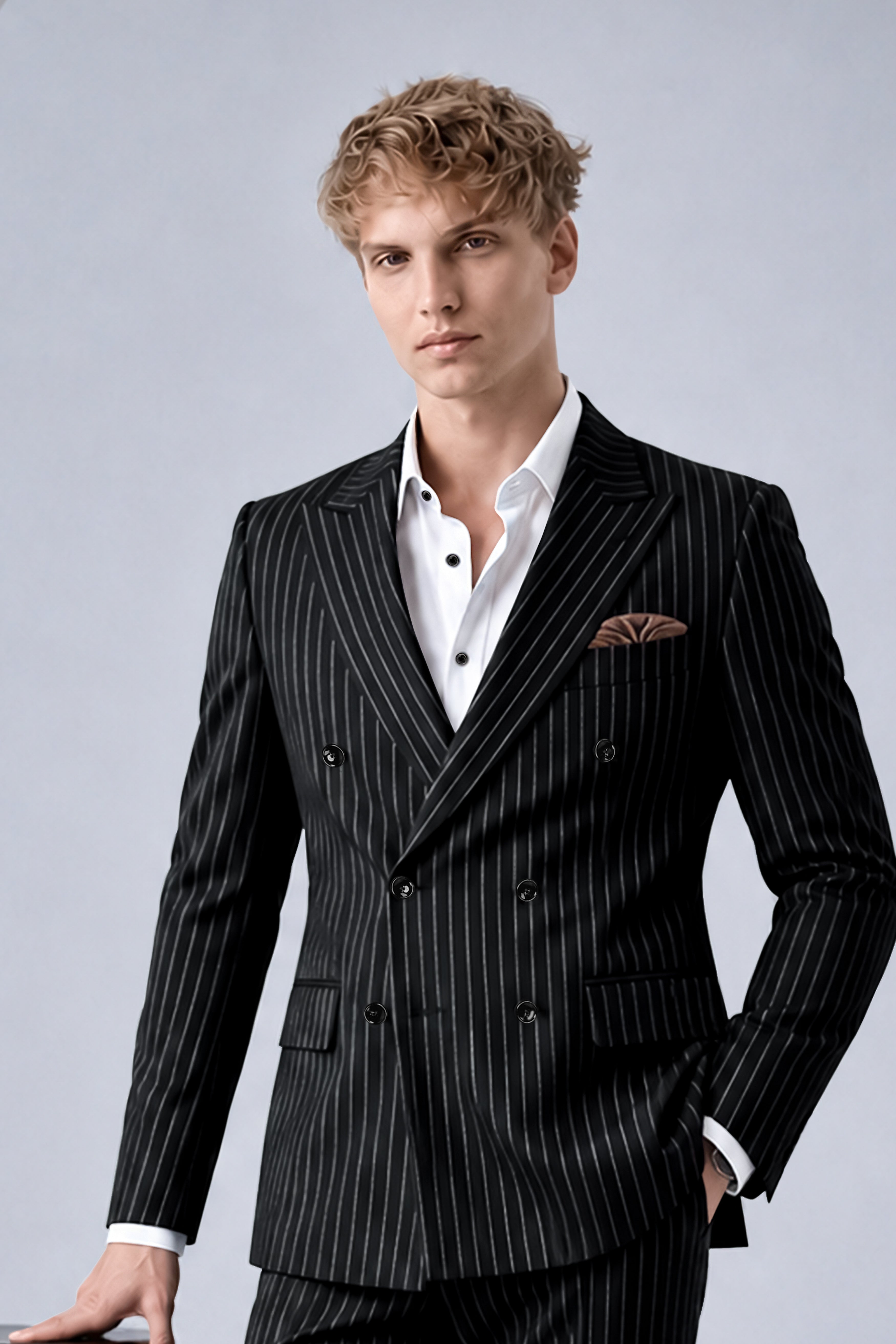 Strivon-Jade Black And Bright White Chalk Striped Wool Rich Slight Stretch Double Breasted Blazer